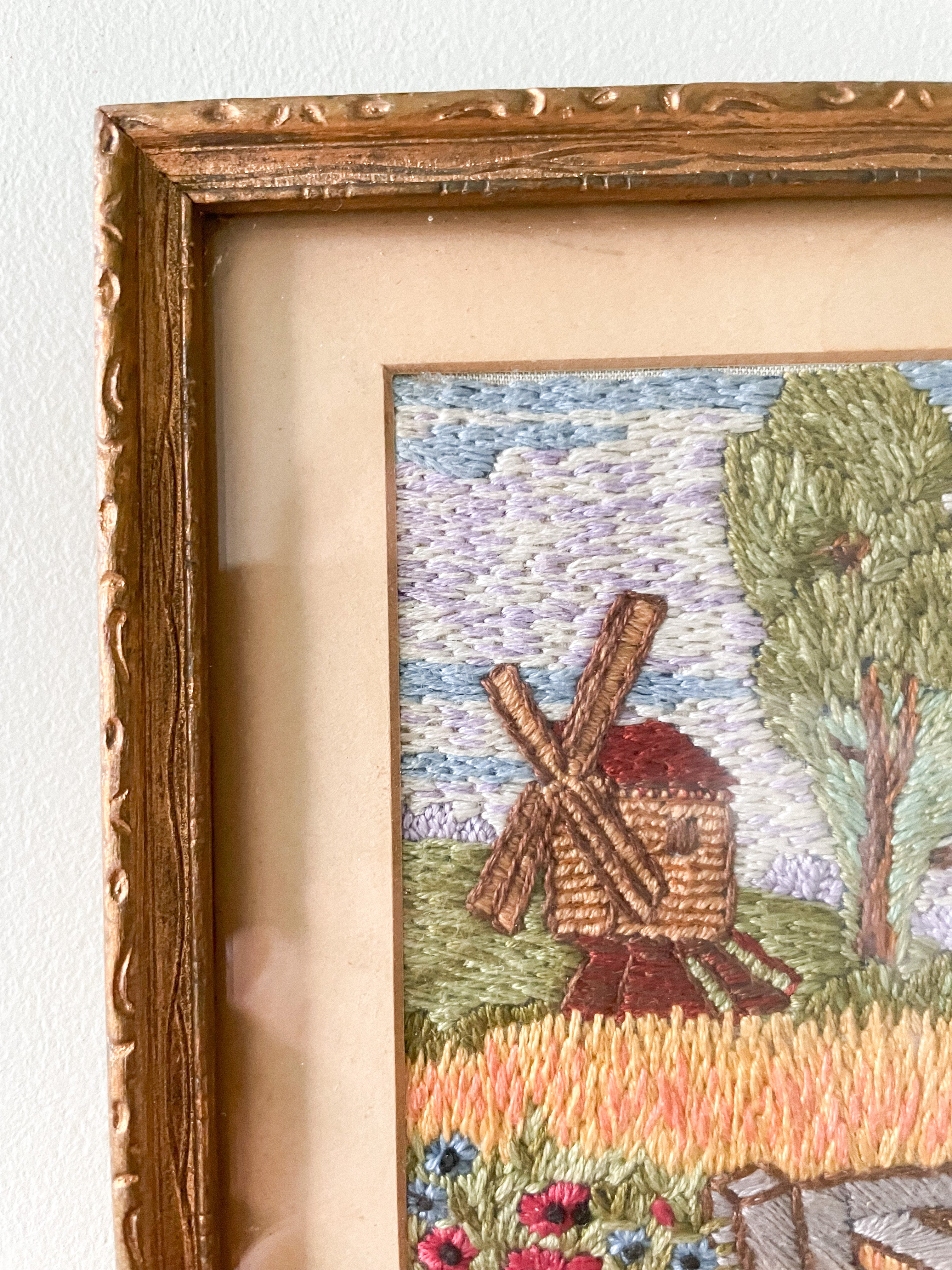 Vintage framed embroidery of a Dutch windmill and corn and poppy field - Moppet