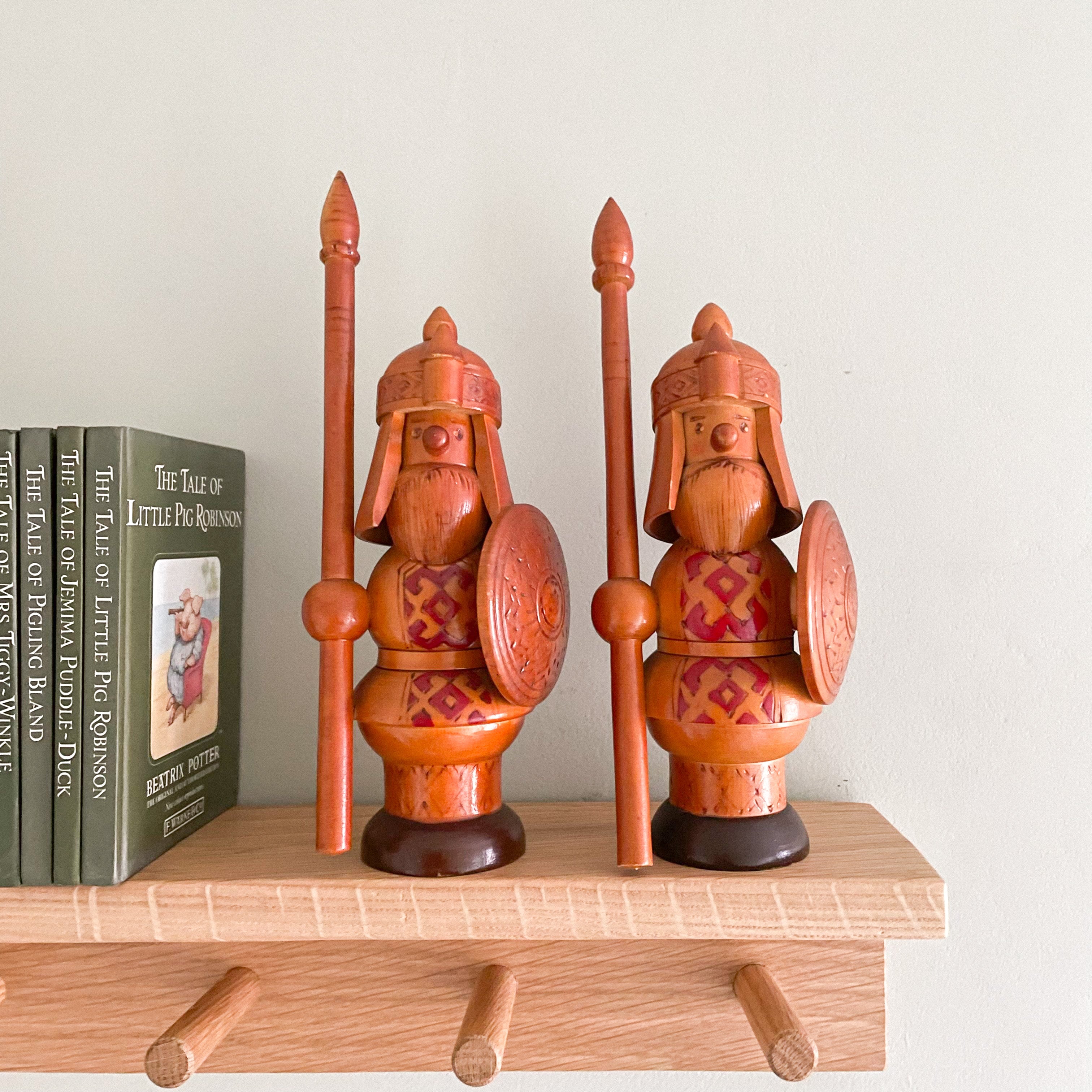 Vintage hand-carved wooden Russian warrior soldiers, made in the USSR - Moppet