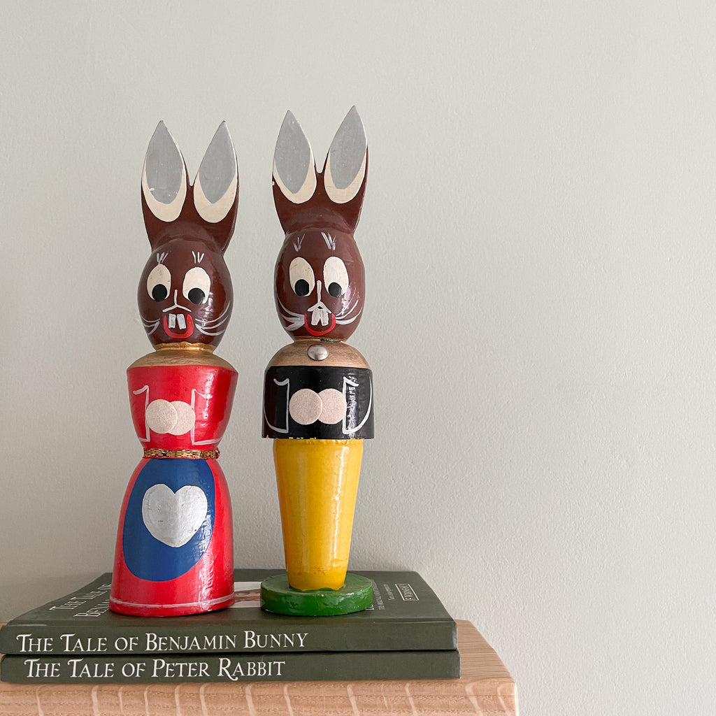 Vintage wooden 1960s lacquered German Easter bunny decorations, pair, thought to be Erzgebirge brand - Moppet
