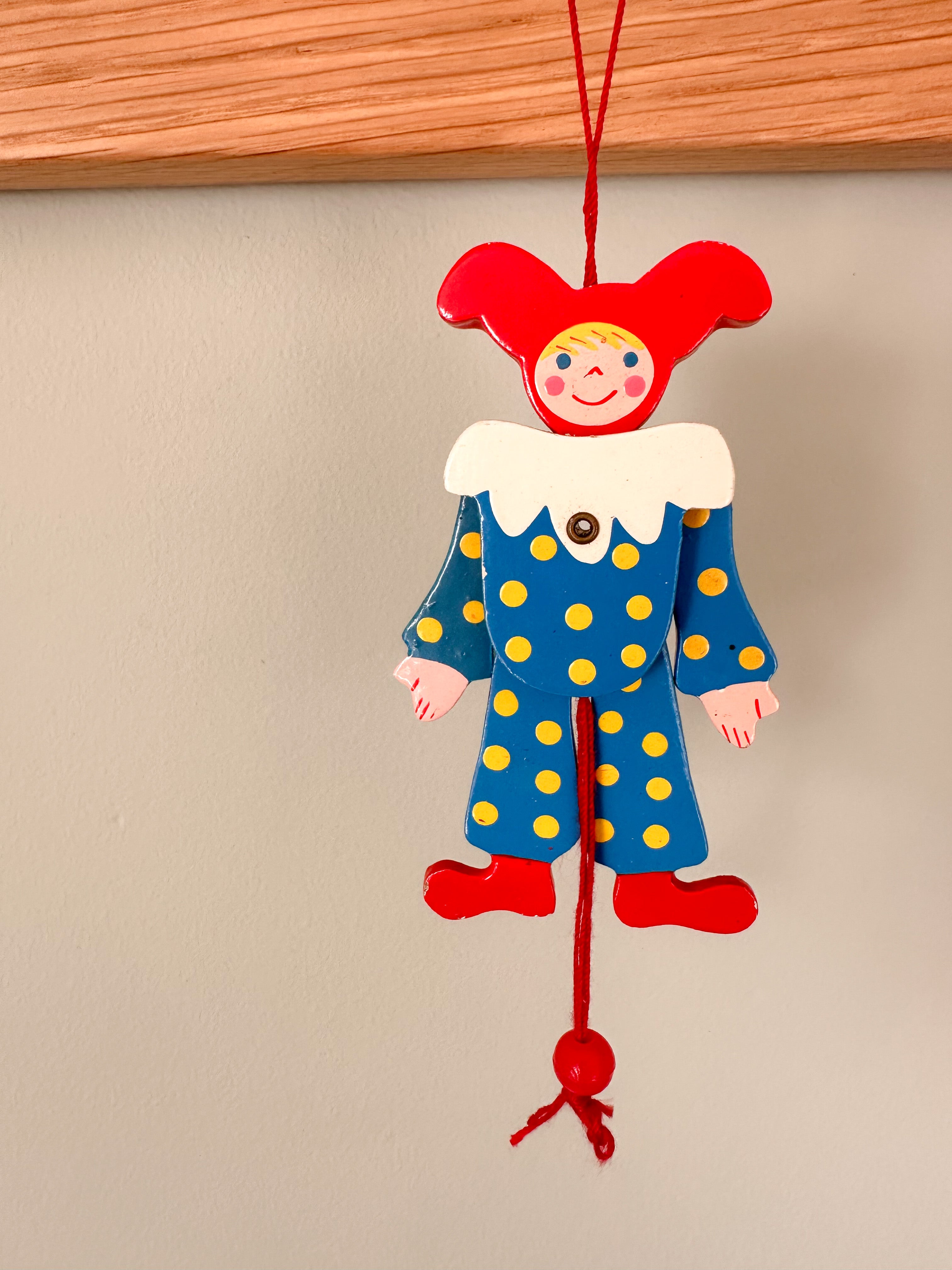 Vintage Italian wooden jester jumping-jack pull toy, by Sevi 1831 - Moppet