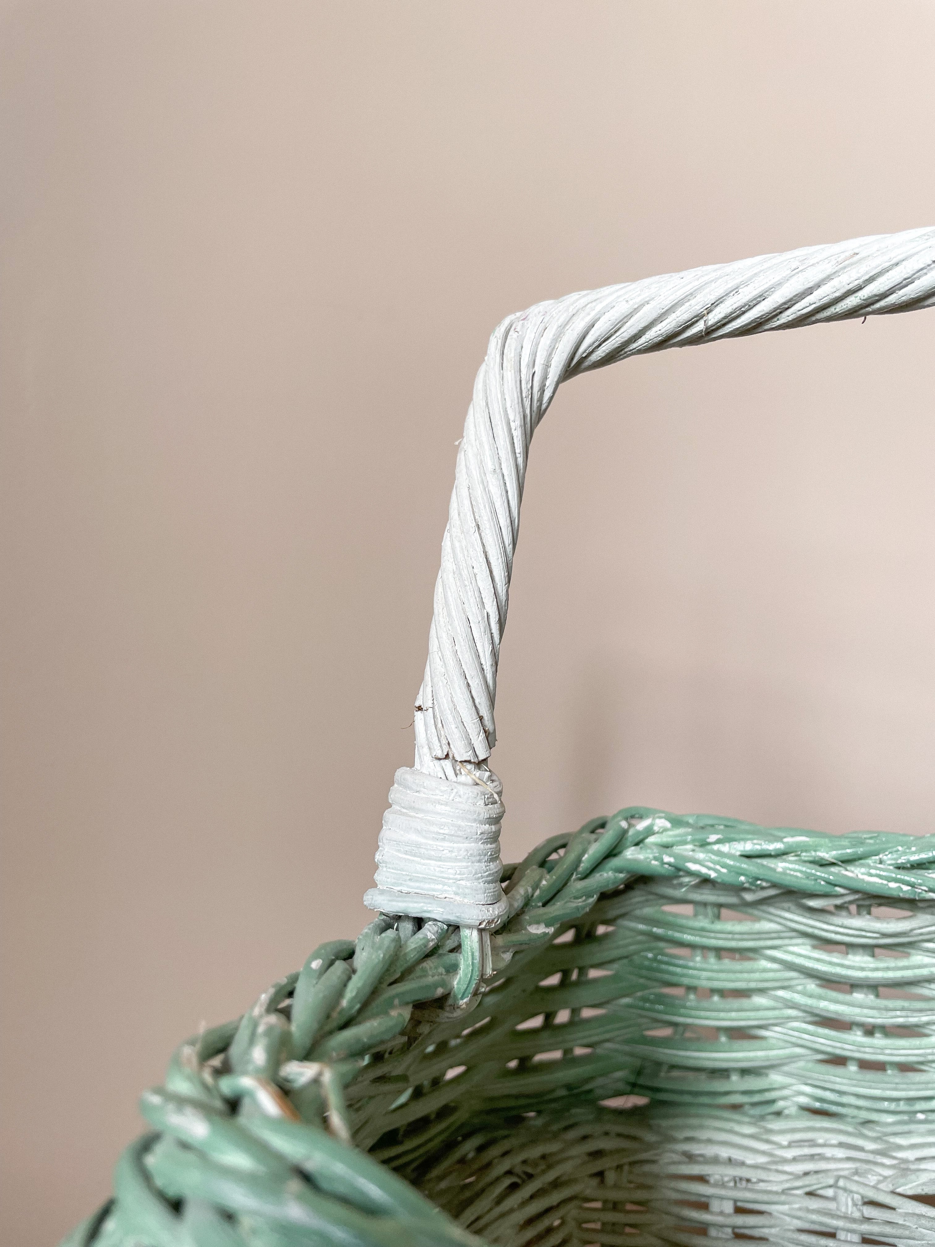 Large vintage 1950s painted wicker basket in shape of a house/cottage, with handle - Moppet