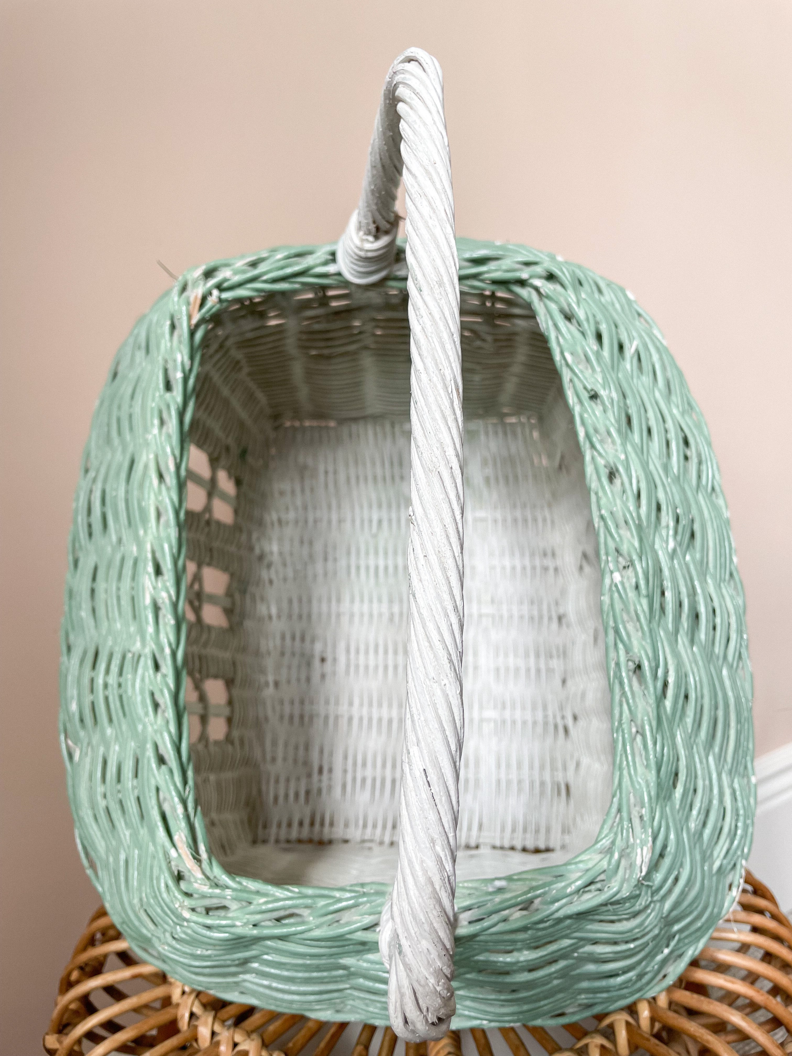 Large vintage 1950s painted wicker basket in shape of a house/cottage, with handle - Moppet