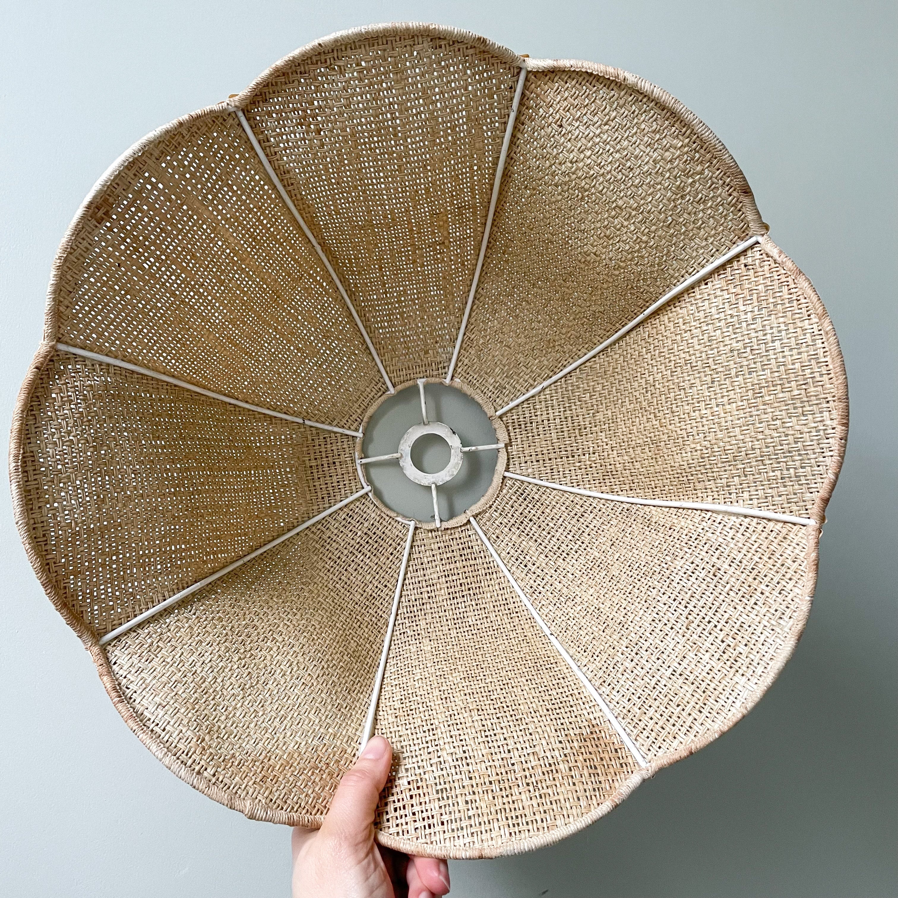 Vintage woven rattan wicker ceiling shade in scalloped petal/tulip/flower shape - Moppet
