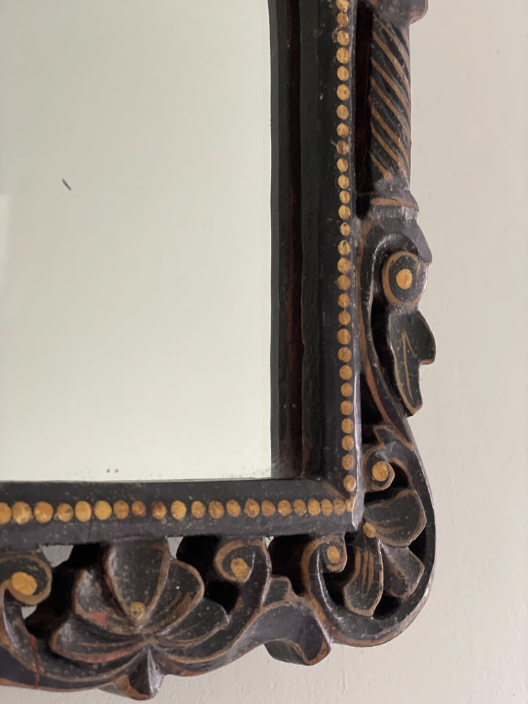 Vintage hand-carved ebonised wooden mirror black with hand-painted gold detail - Moppet