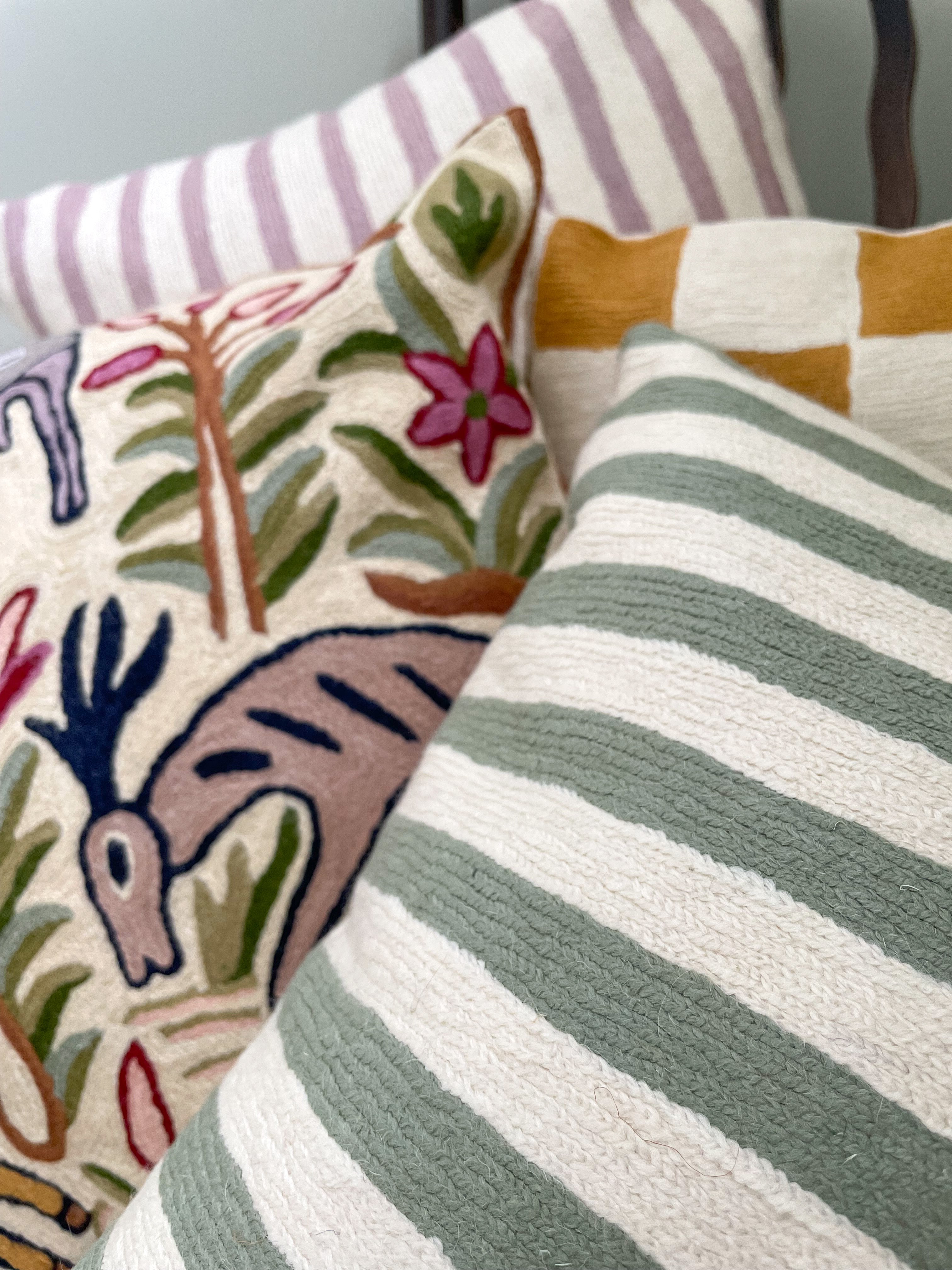 *NEW* Handmade crewel embroidered cushion cover | sage green stripe - Moppet