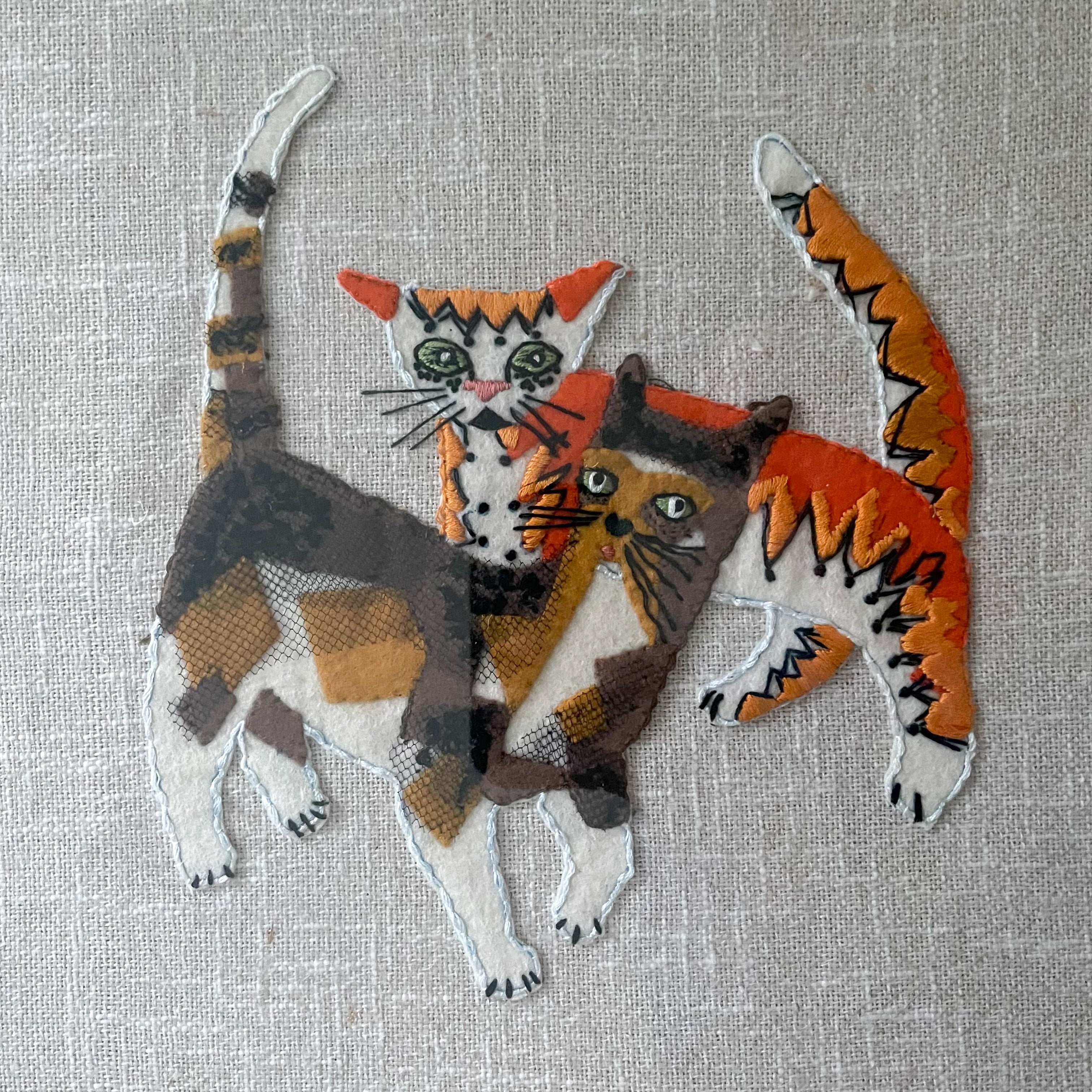 Pair of 1970s felt and mixed textile embroideries of a pair of cats and a pair of poodle dogs - Moppet