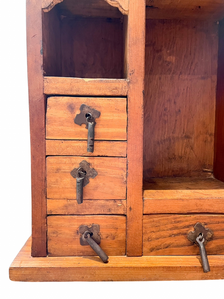 Vintage Mexican Wooden Wall-Hanging Display Shelf Cabinet with Drawers - Moppet