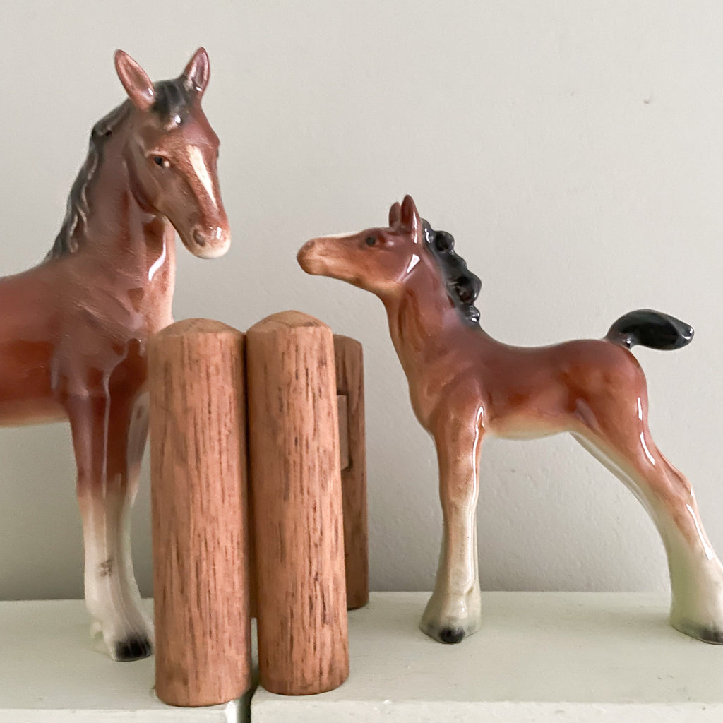 Pair of rare vintage 1960s ceramic china and wooden grey mother and foal pony/horse bookends - Moppet