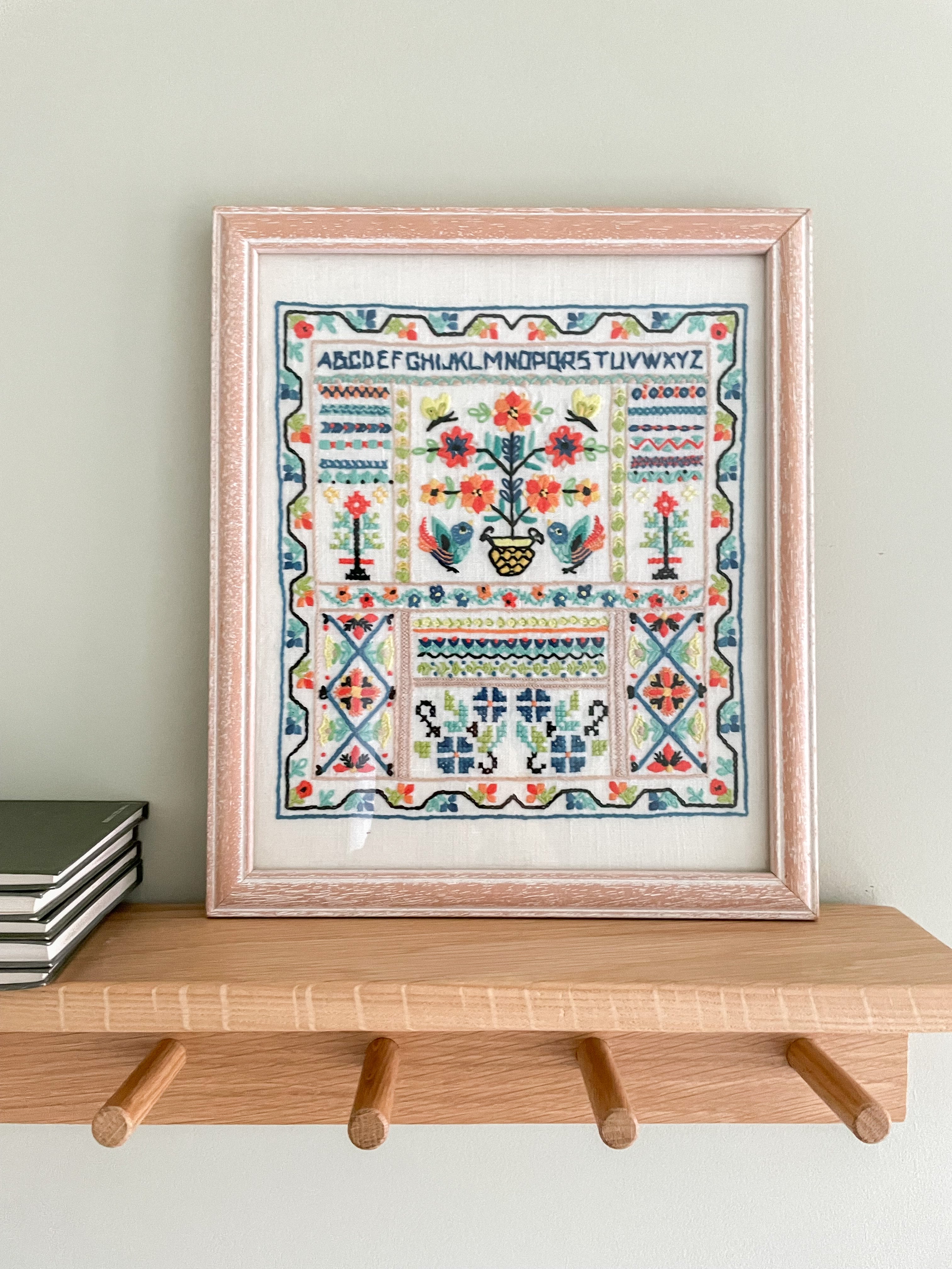 Vintage 1950s framed children's embroidery or needlework alphabet sampler (non-original frame) - Moppet