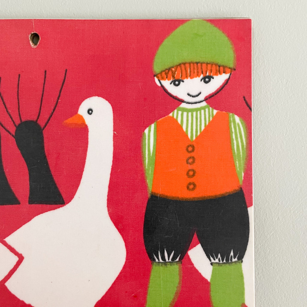 Vintage folk art wooden wall plaque of boy and geese (red & green) - Moppet