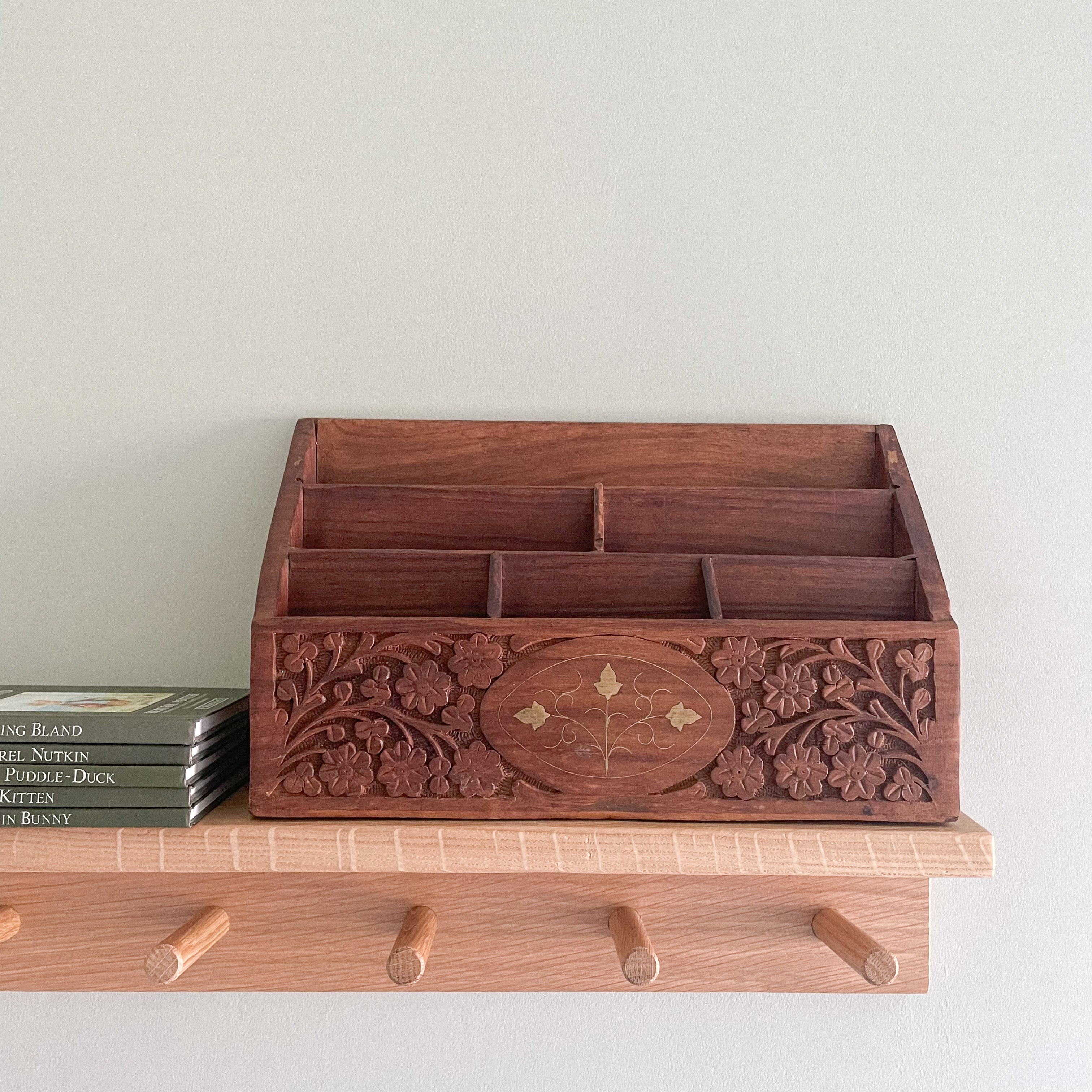 Vintage wooden Indian hand-carved letter rack or desk tidy - Moppet