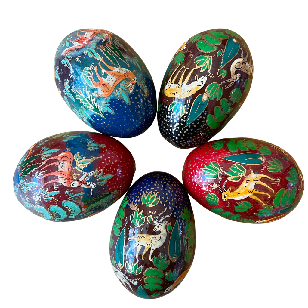 Kashmiri hand-painted folk art papier maché lacquered Easter egg with jungle animals design - Moppet
