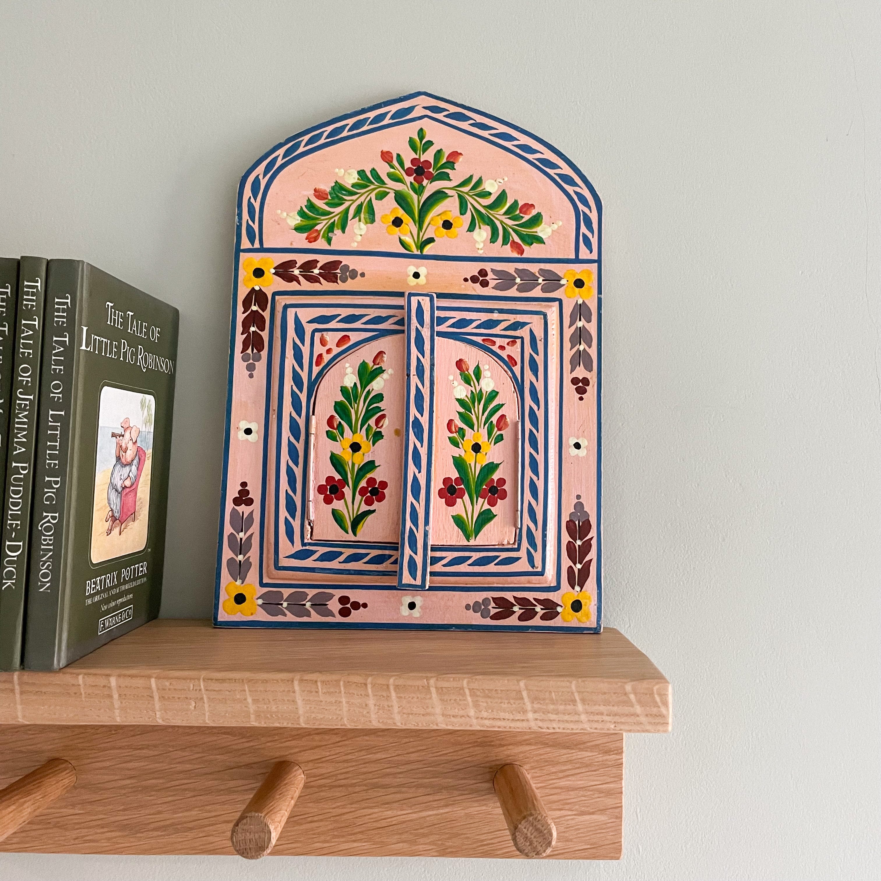 Vintage Moroccan hand painted wooden pink arched window mirror with doors - Moppet