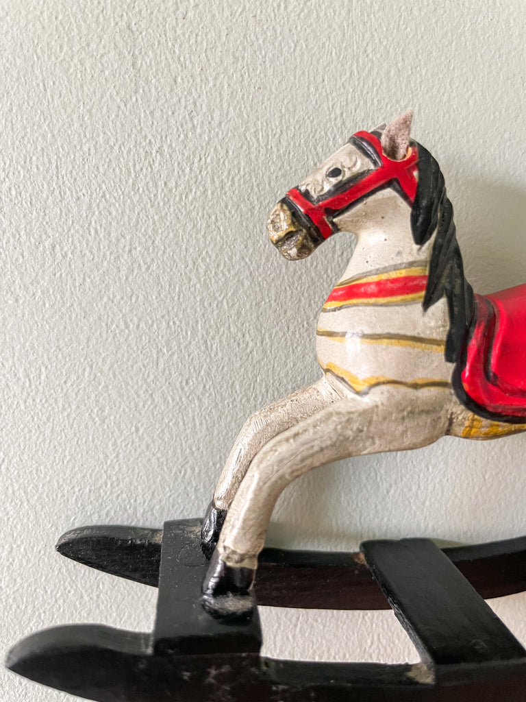 Vintage wooden hand-painted rocking horse, white red and black - Moppet