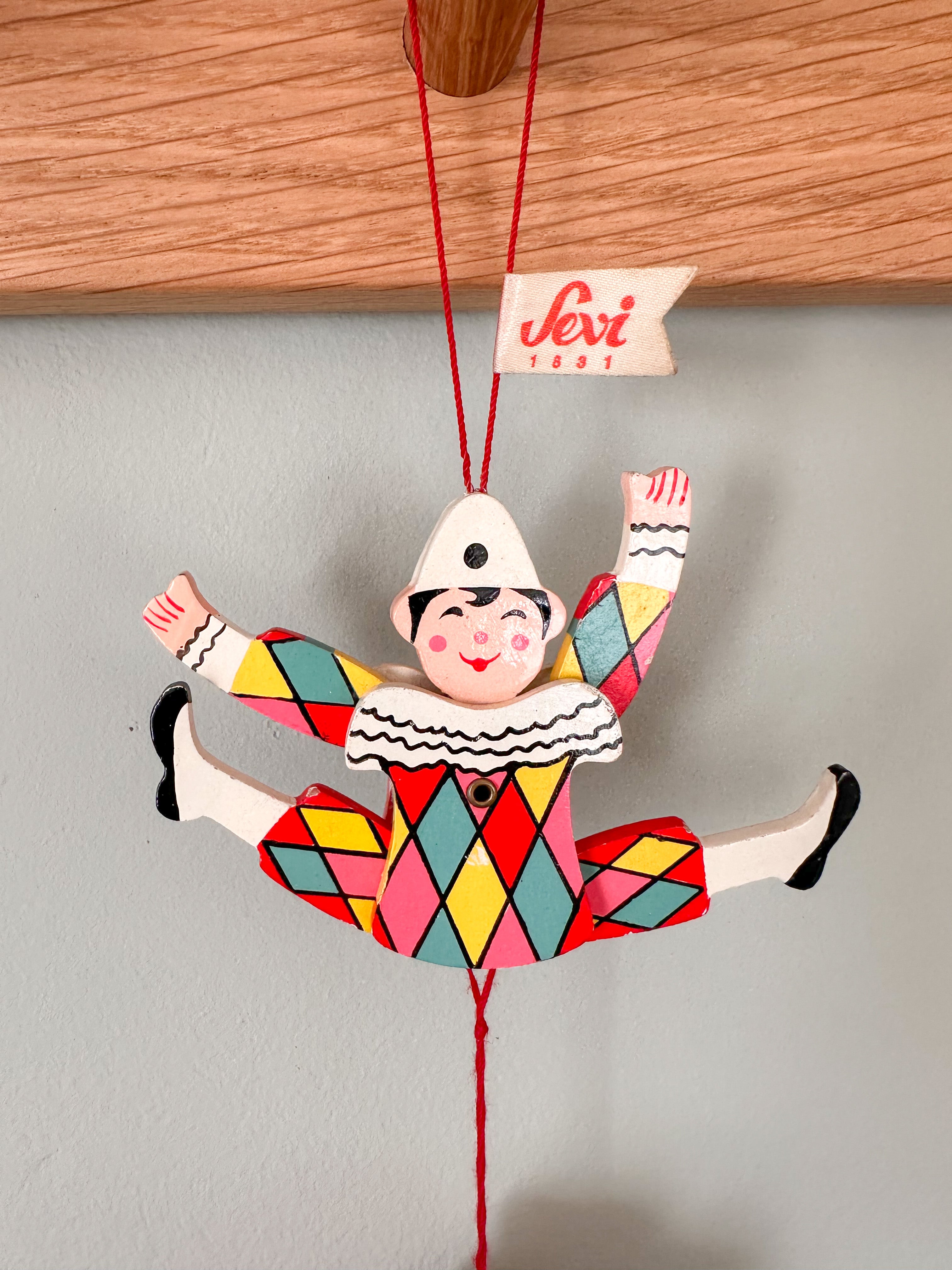 Vintage Italian wooden harlequin clown jumping-jack pull toy, by Sevi 1831 - Moppet