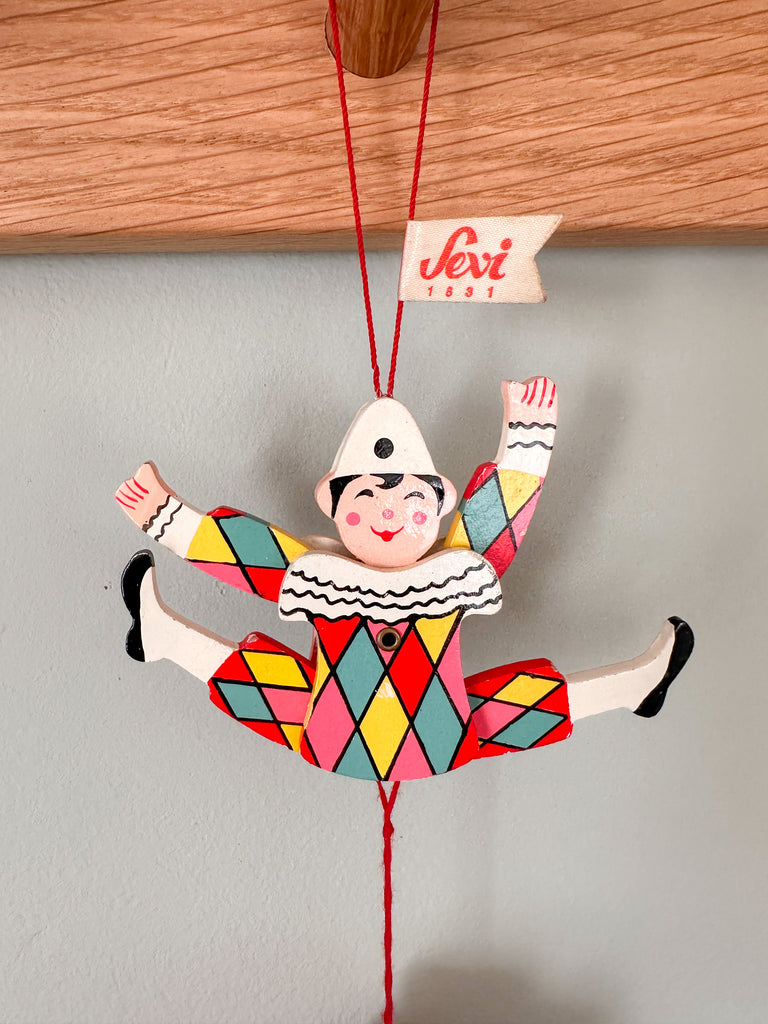 Vintage Italian wooden harlequin clown jumping-jack pull toy, by Sevi 1831 - Moppet