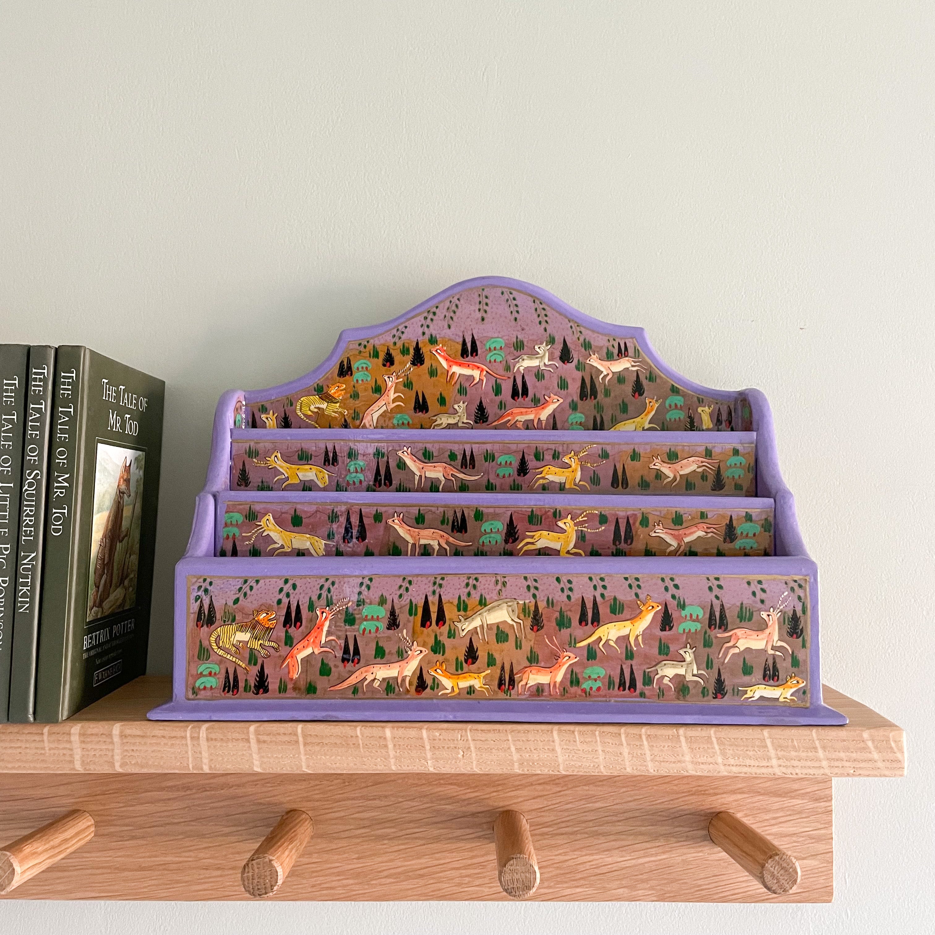 Kashmiri hand-painted folk art wooden lacquered letter rack with wavy edge and jungle animals design - Moppet