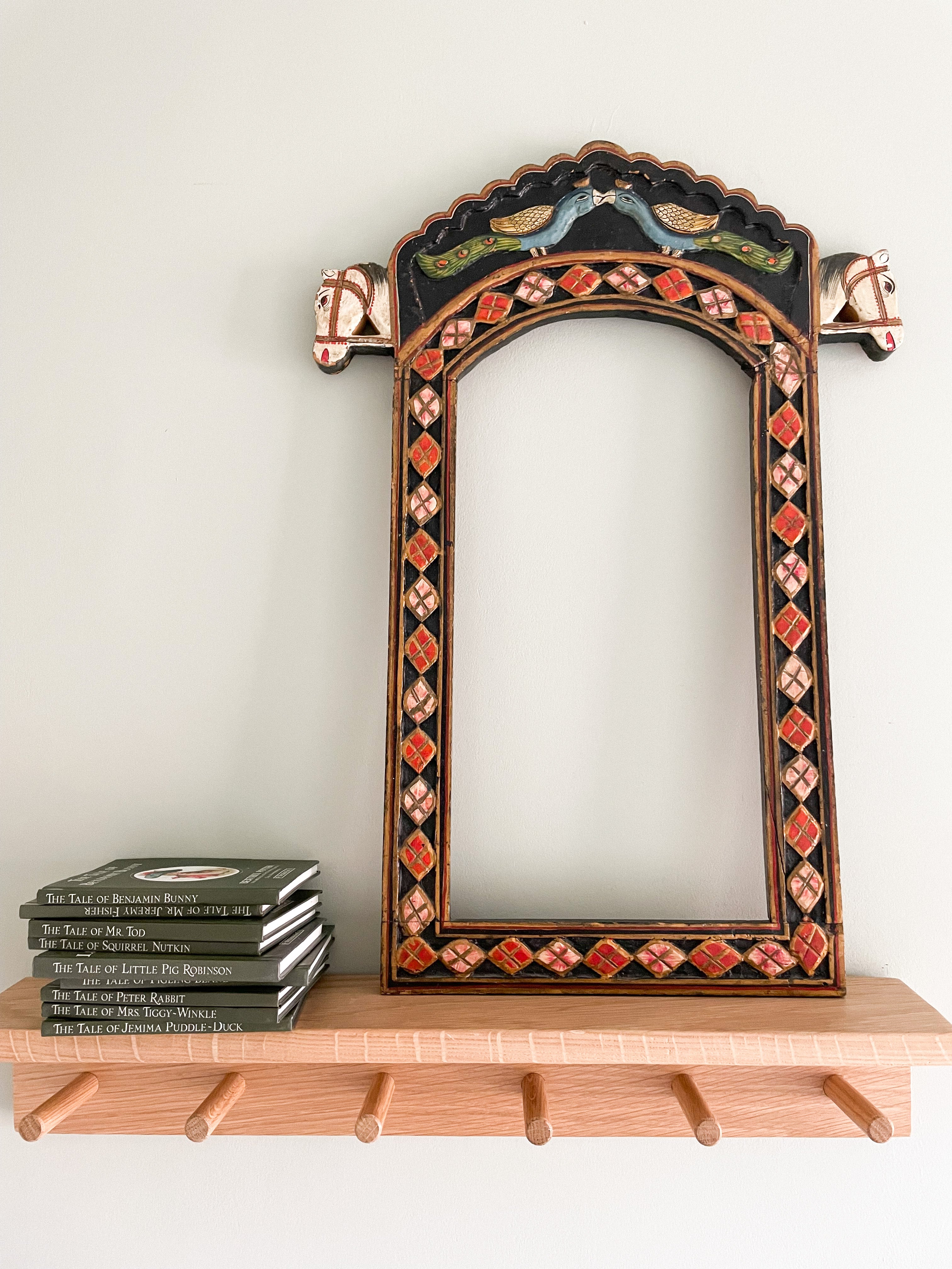 Vintage wooden wall-hanging frame featuring horses, peacocks and diamonds - Moppet