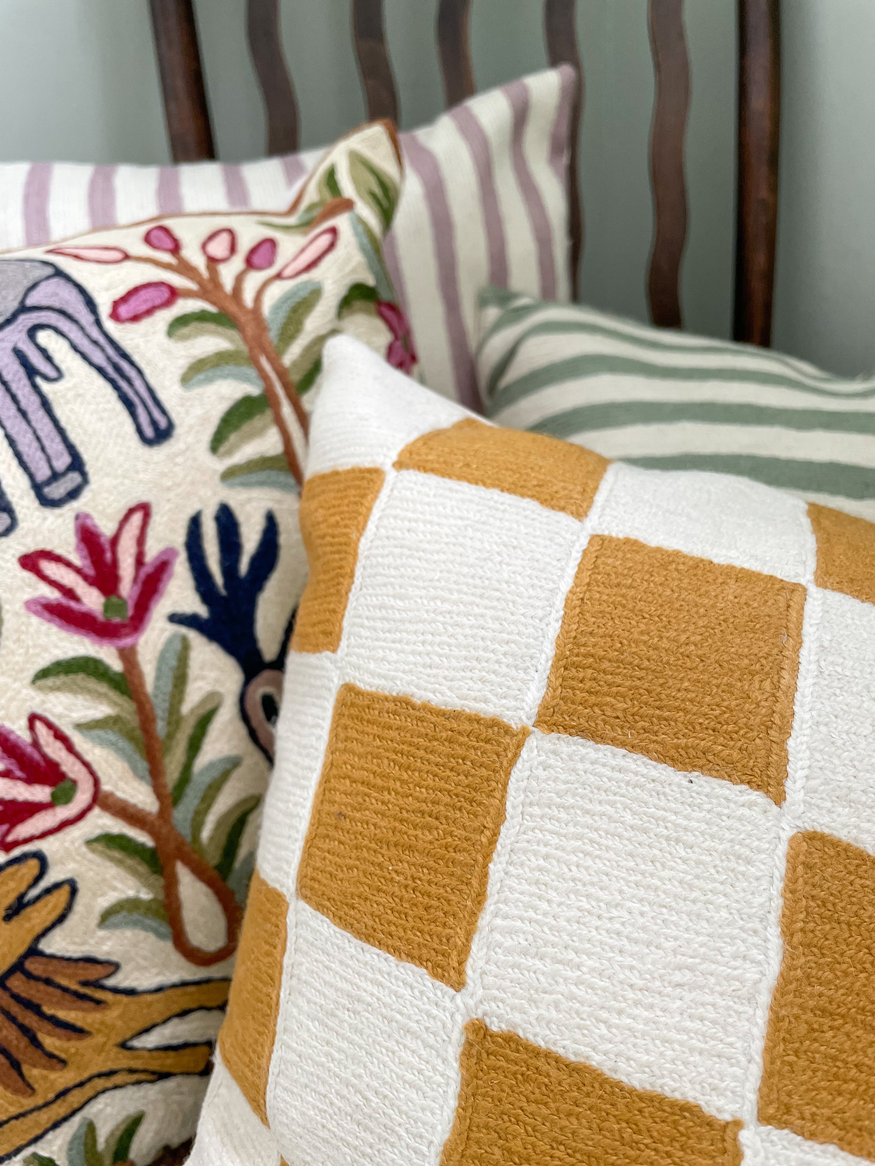 *NEW* Handmade crewel embroidered cushion cover | ochre yellow check - Moppet