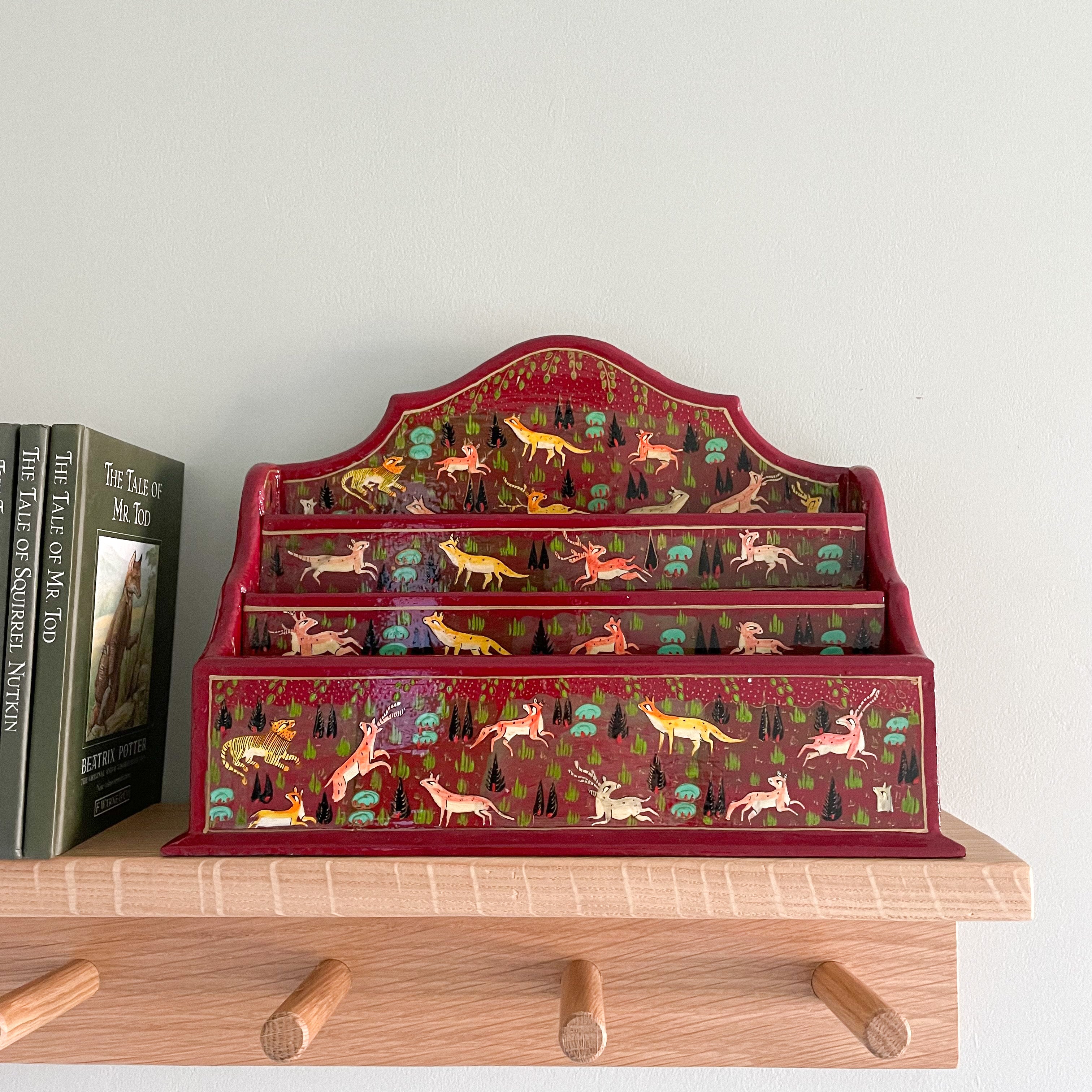 Kashmiri hand-painted folk art wooden lacquered letter rack with wavy edge and jungle animals design - Moppet