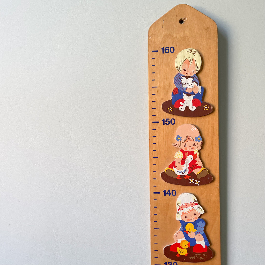 Vintage 1980s wooden German measuring stick or height chart, featuring girls, boys and their animals, by Mertens Kunst - Moppet