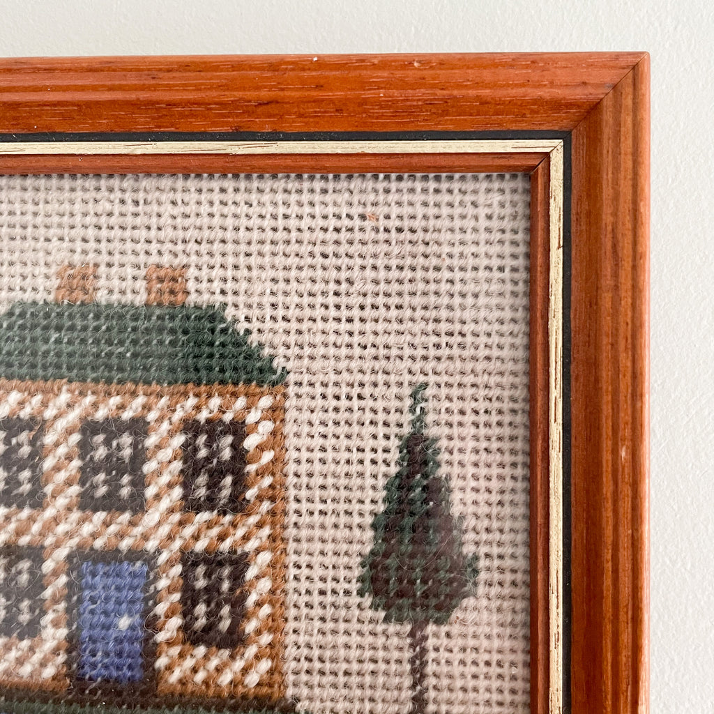 Vintage cross stitch sampler featuring a house, nursery children's room wall art - Moppet