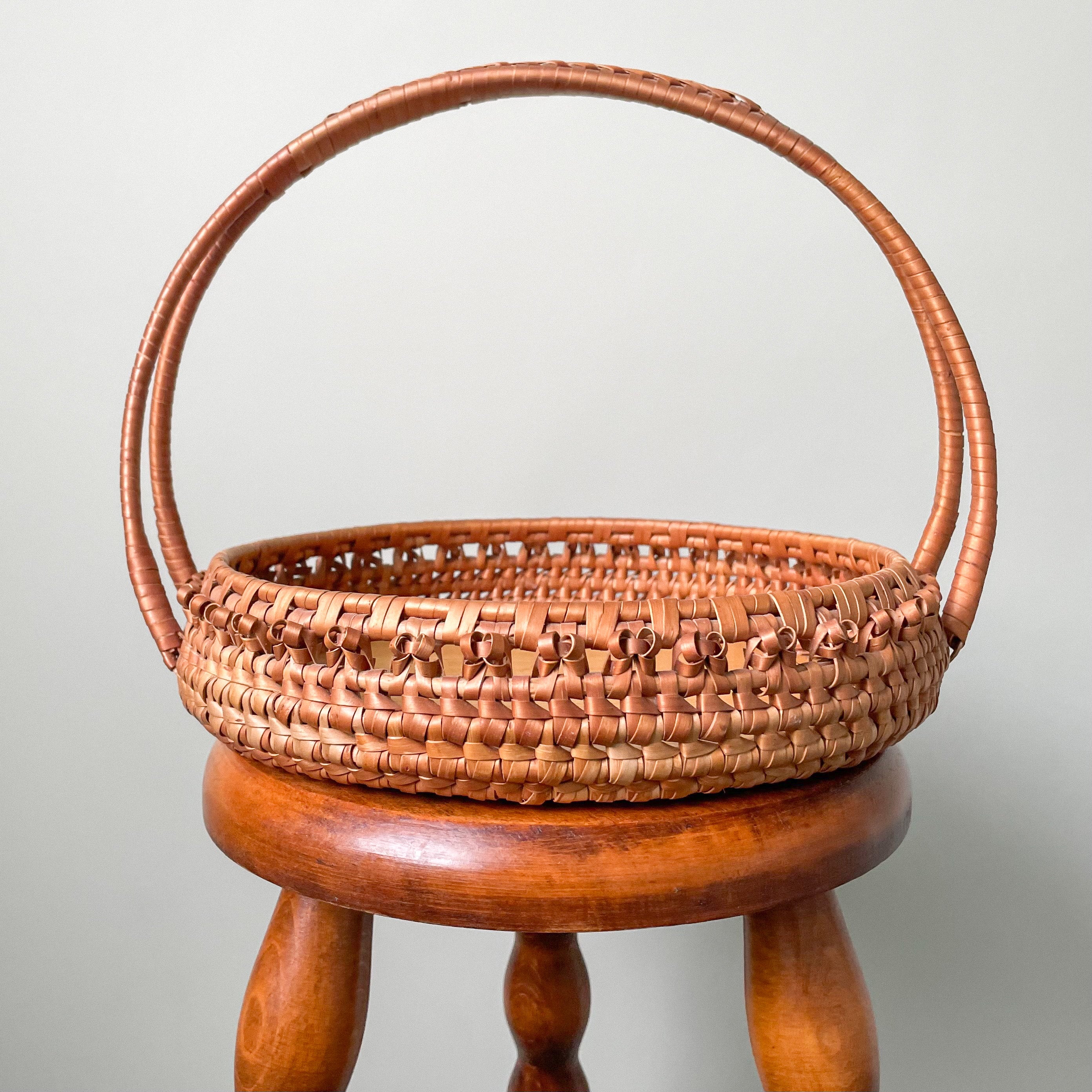 Low vintage woven wicker basket with a shallow wooden base, Easter basket - Moppet