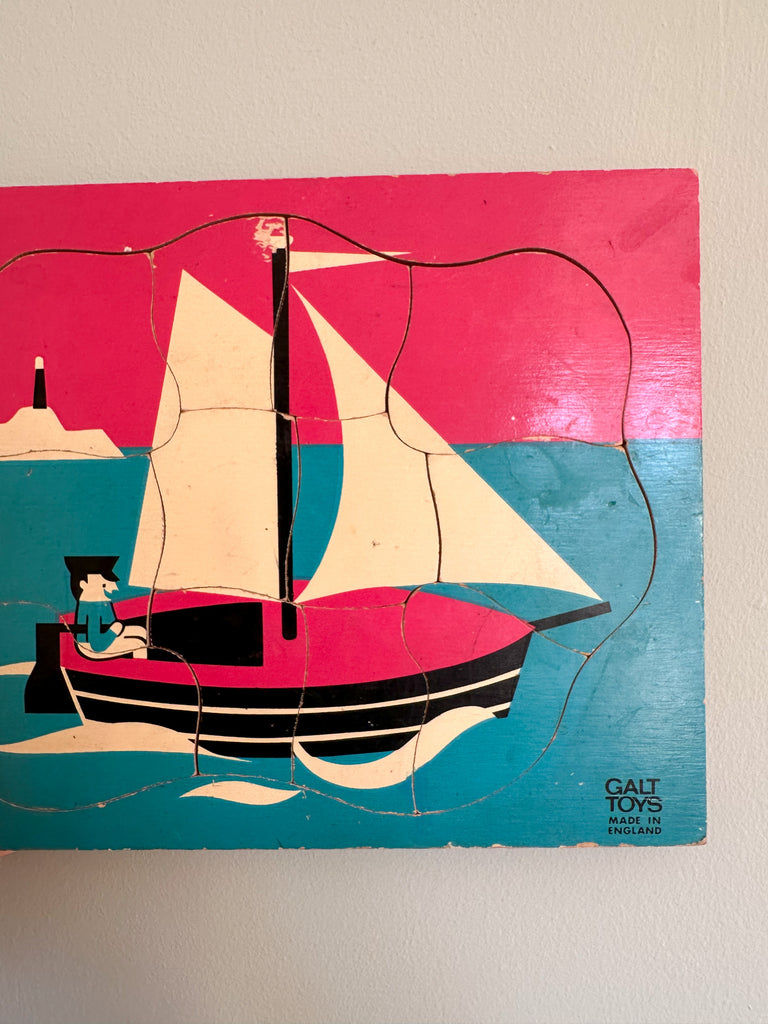Vintage wooden sailing boat jigsaw puzzle, pink and blue, made in England by GALT - Moppet