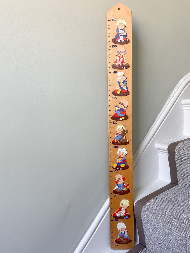 Vintage 1980s wooden German measuring stick or height chart, featuring girls, boys and their animals, by Mertens Kunst - Moppet