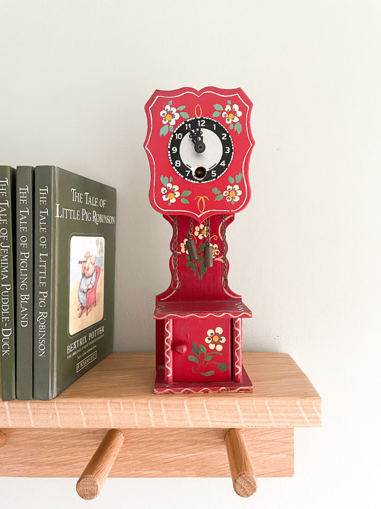 Vintage German wooden folk art miniature grandfather clock, handmade in Bavaria - Moppet