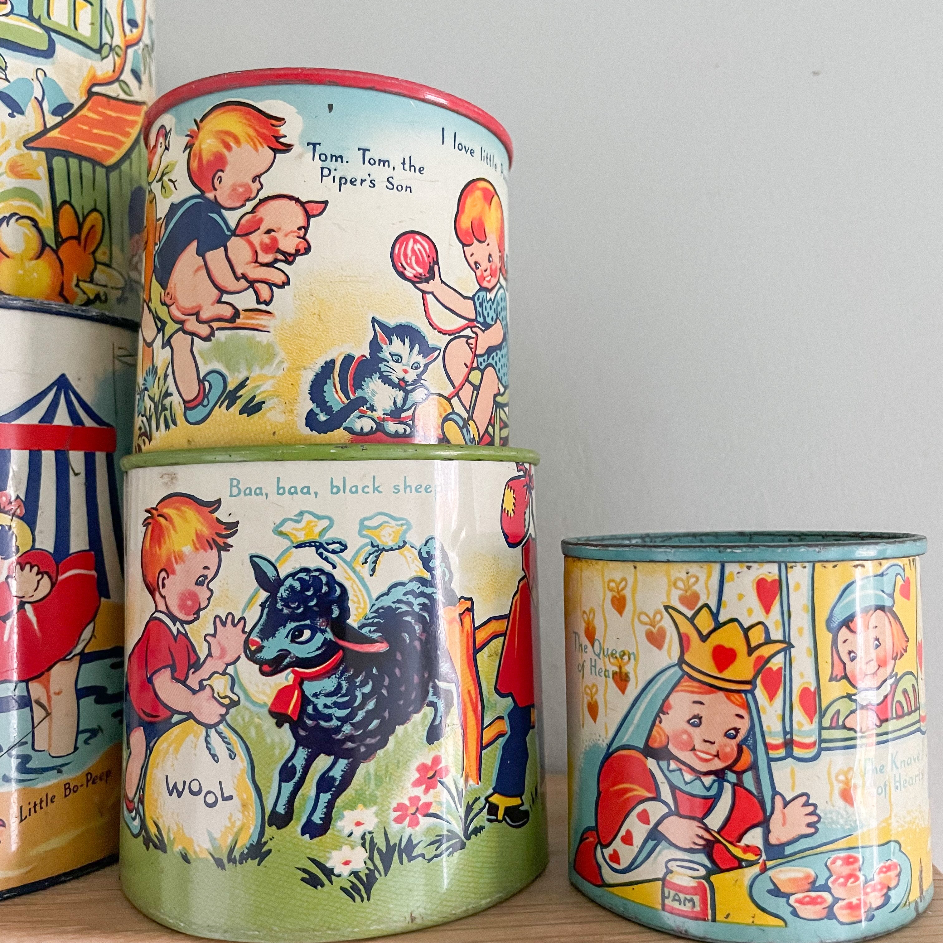 Vintage 1950s tinplate nesting and stacking cups with nursery rhymes, made by Chad Valley ‘Wee-Kin’ in England - Moppet