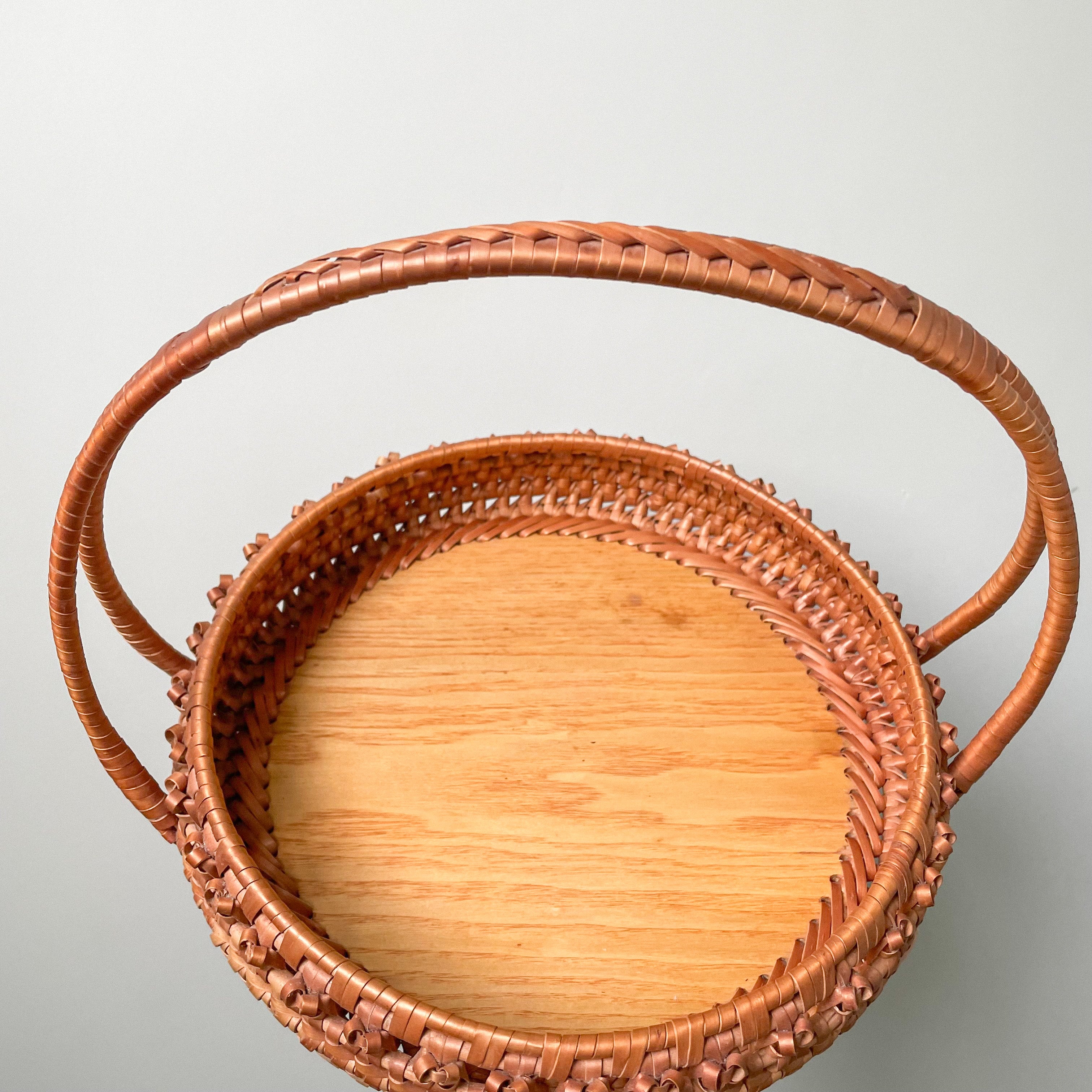 Low vintage woven wicker basket with a shallow wooden base, Easter basket - Moppet