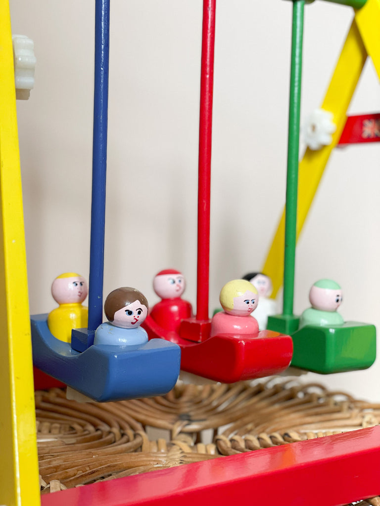 Vintage 1950s wooden Escor fairground swing with six peg-doll passengers, British made - Moppet