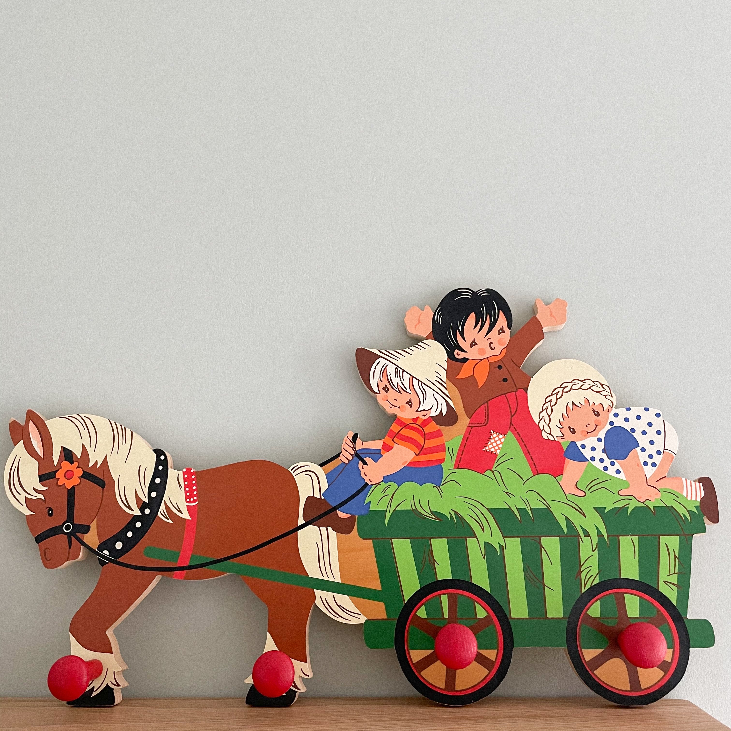 Vintage 1980s German wooden peg rail coat hook with horse and cart design, by Mertens Kunst - Moppet