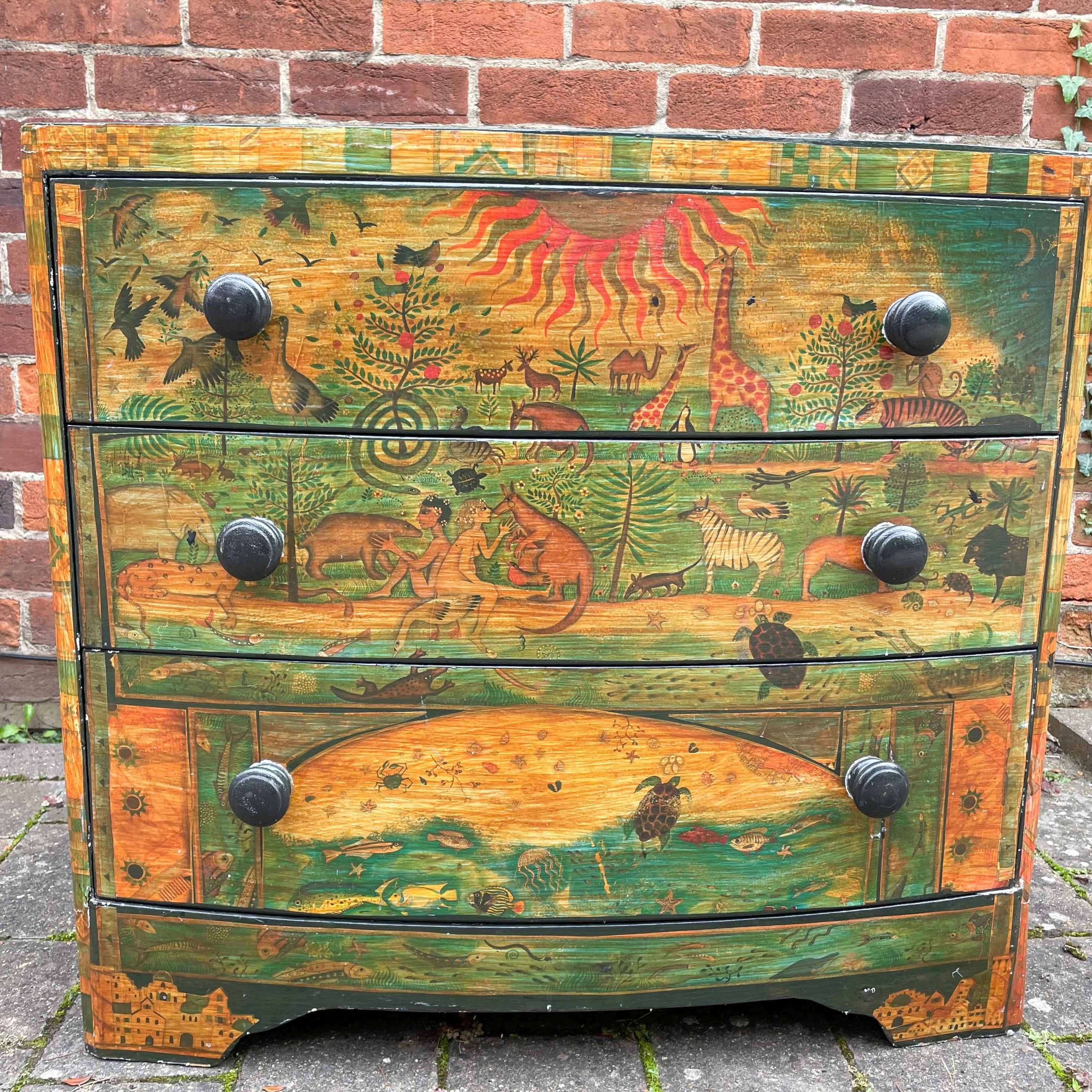 Vintage bow-fronted chest of drawers with ‘Garden of Eden’ mid-century decoupage - Moppet