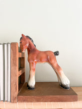 Load image into Gallery viewer, Pair of rare vintage 1960s ceramic china and wooden chestnut brown pony/horse/foal bookends - Moppet
