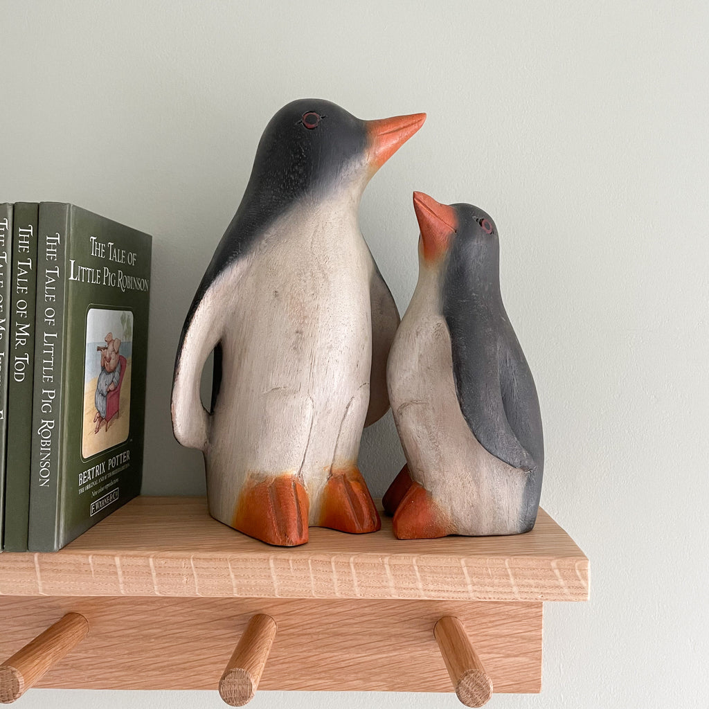 Vintage hand-carved wooden folk art penguin figurines pair: mummy and baby penguin - Moppet