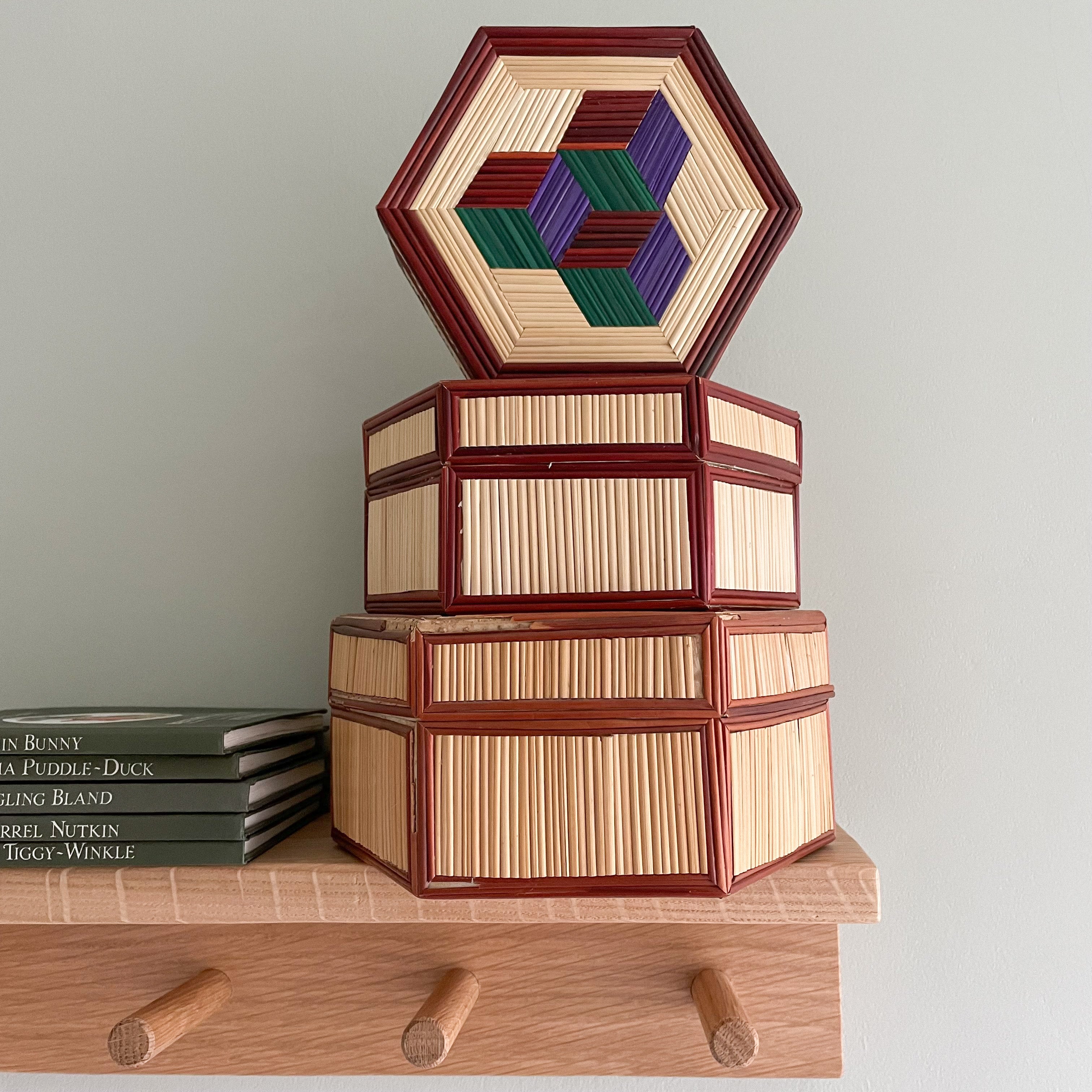Vintage Chinese hexagonal straw inlaid nesting boxes - Moppet