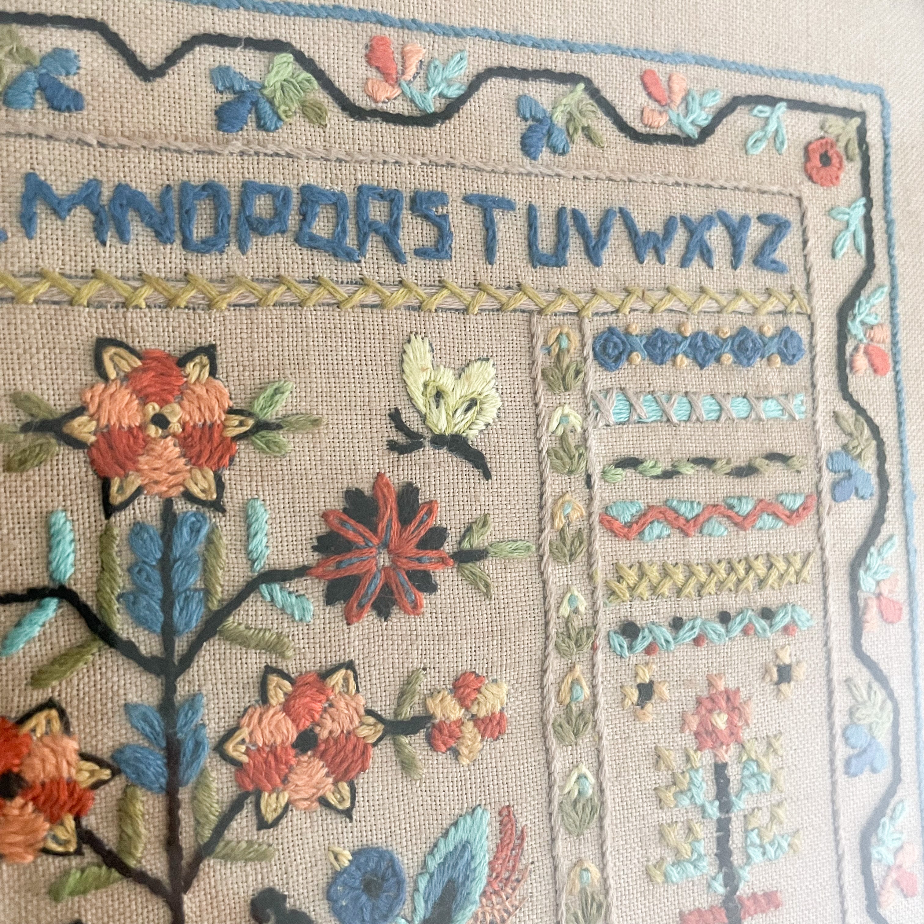Vintage 1950s framed children's embroidery or needlework alphabet sampler - Moppet