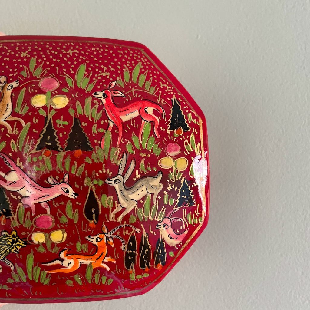 Kashmiri hand-painted folk art hexagonal papier maché lacquered trinket box with jungle animals design - Moppet