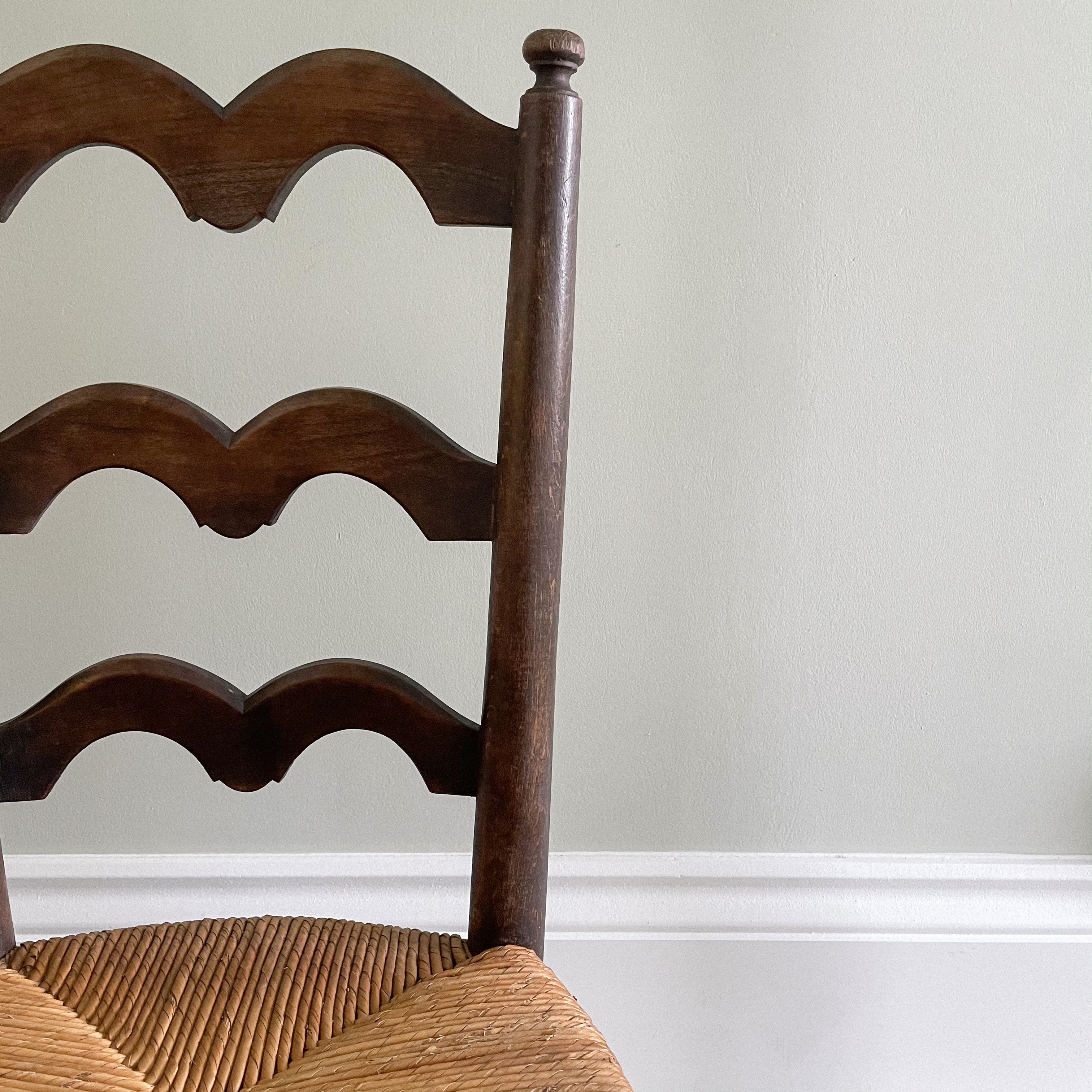 Vintage French wooden ladder-backed oak children's chair with rush seat - Moppet