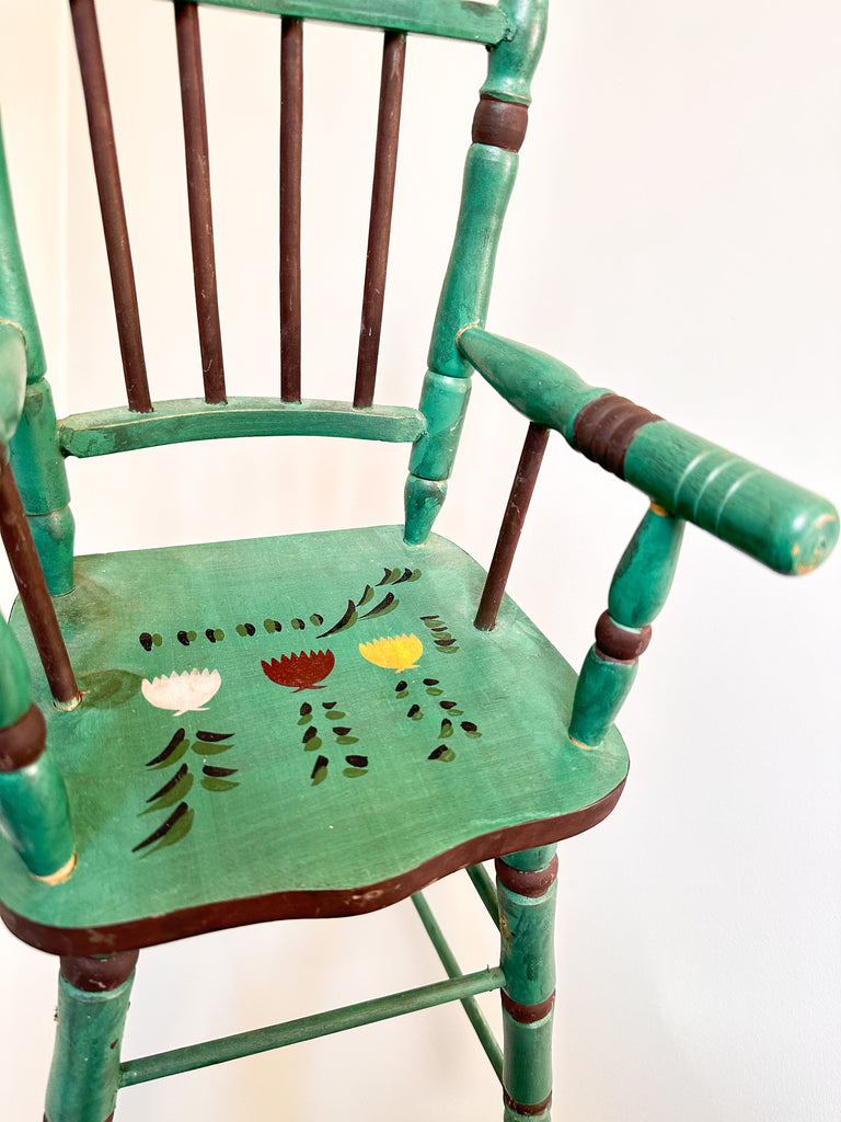 Vintage wooden folk art hand-painted doll’s highchair with floral tulip design - Moppet