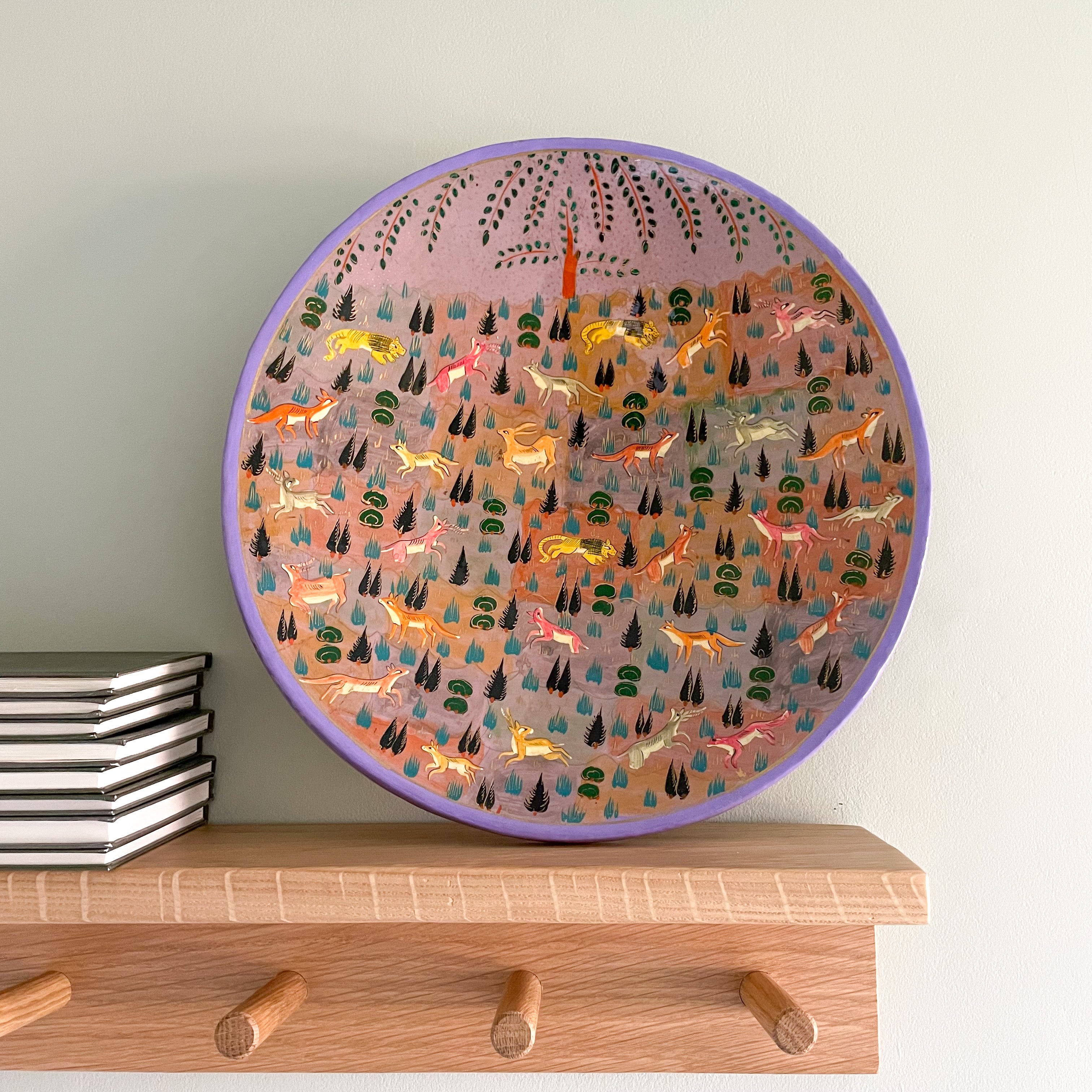 Kashmiri hand-painted folk art papier maché lacquered lilac wall-hanging plate with jungle animals design - Moppet