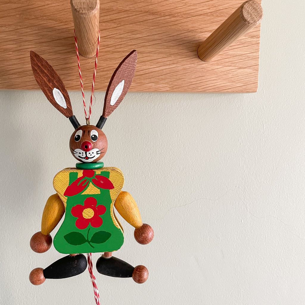 Vintage Austrian wooden rabbit or Easter Bunny ‘Hampelmann’ jumping-jack pull toy, by FAMO - Moppet