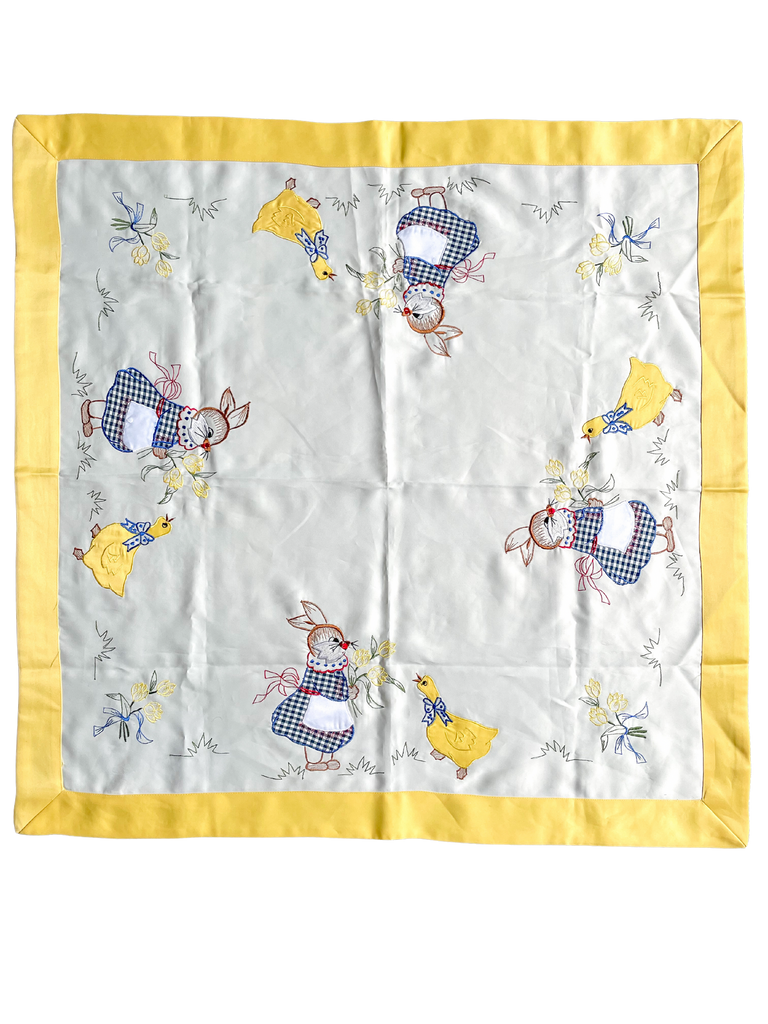 Vintage midcentury hand-embroidered satin Easter table cloth or centrepiece featuring rabbits and ducks in lemon yellow, white and blue - Moppet