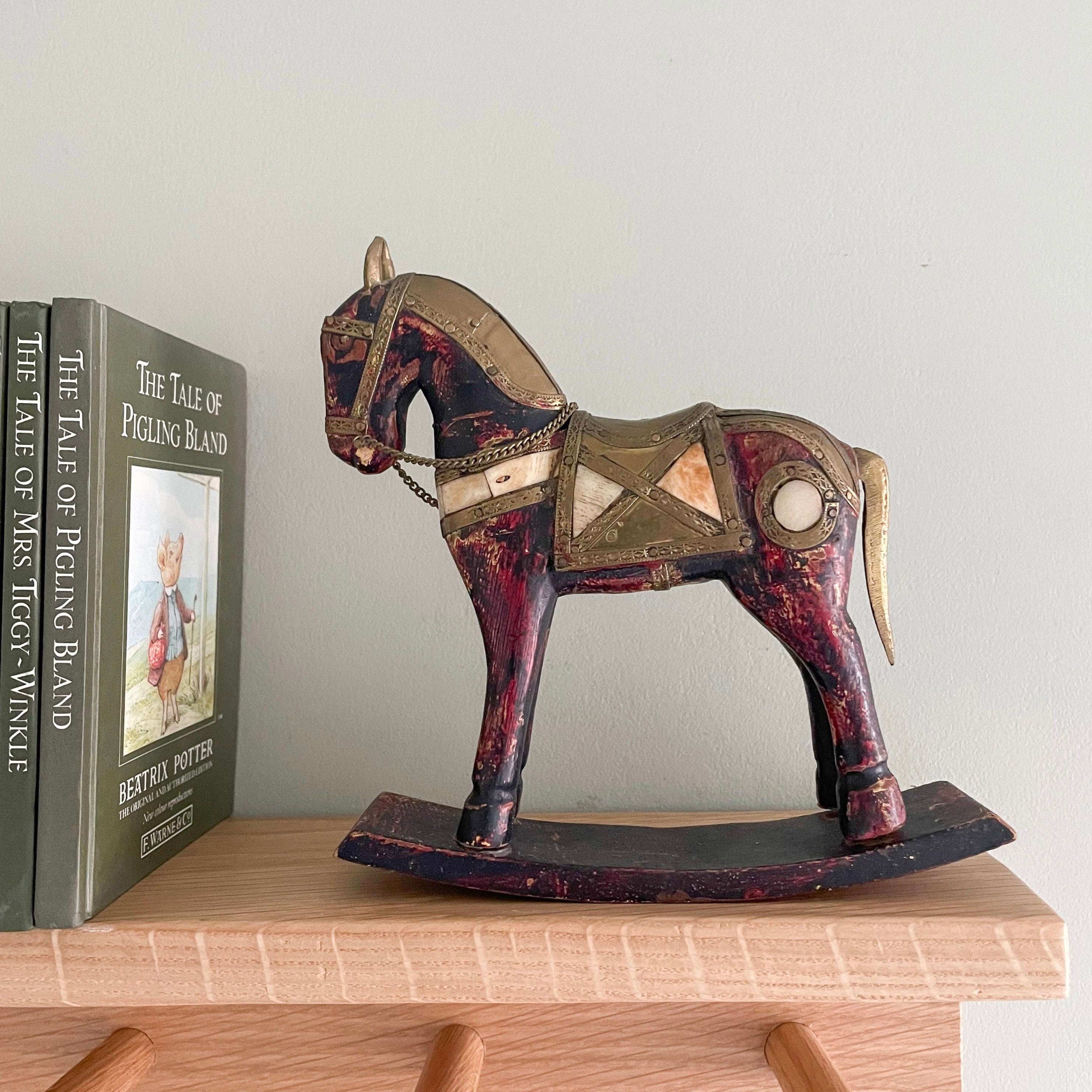 Vintage wood and brass folk art hand-painted rocking horse, black and red - Moppet