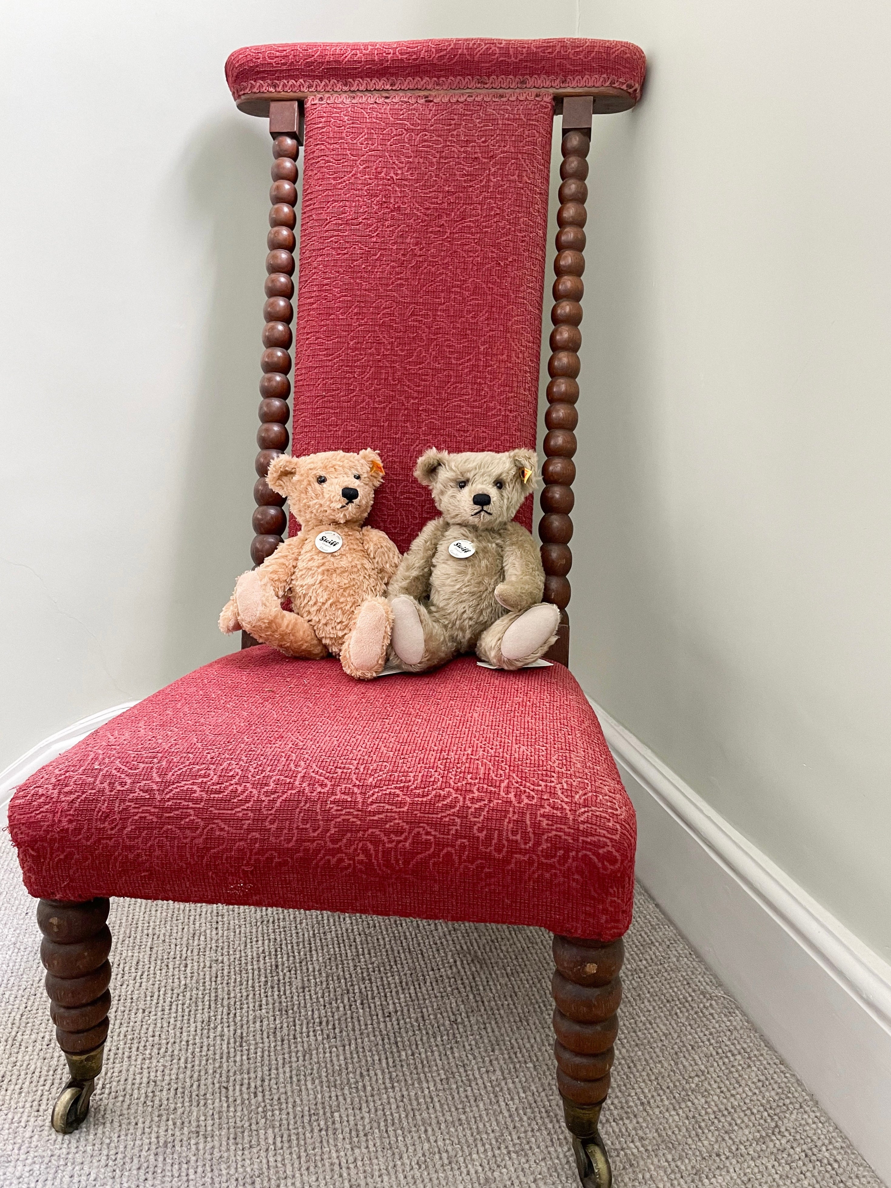 Vintage Victorian bobbin nursing chair, nursery chair, prayer chair or prie dieu chair with coral red upholstery - Moppet