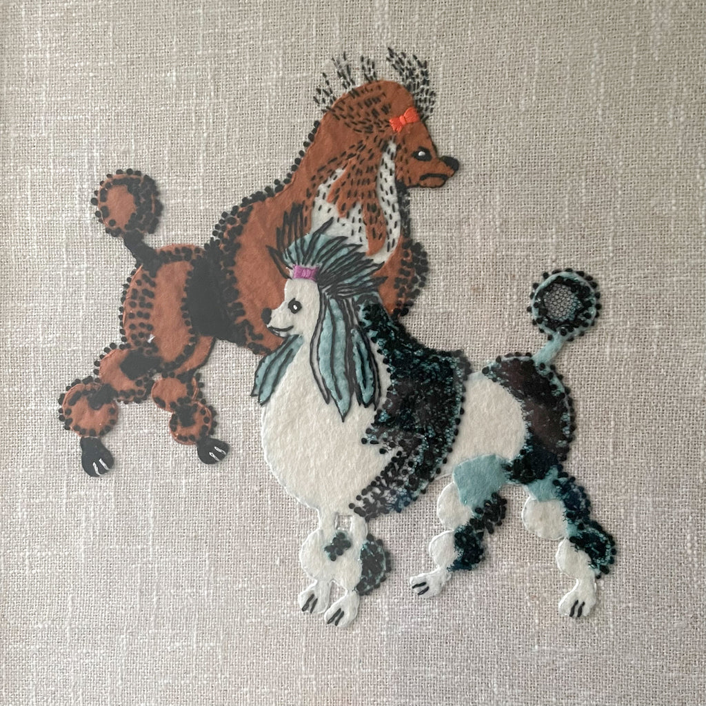 Vintage 1970s felt and mixed textile embroideries of a pair of poodle dogs - Moppet