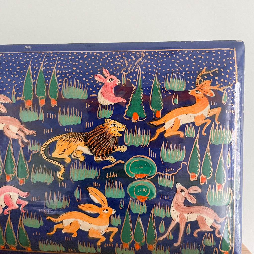 Vintage Kashmiri folk art papier maché trinket box with jungle animals design - Moppet