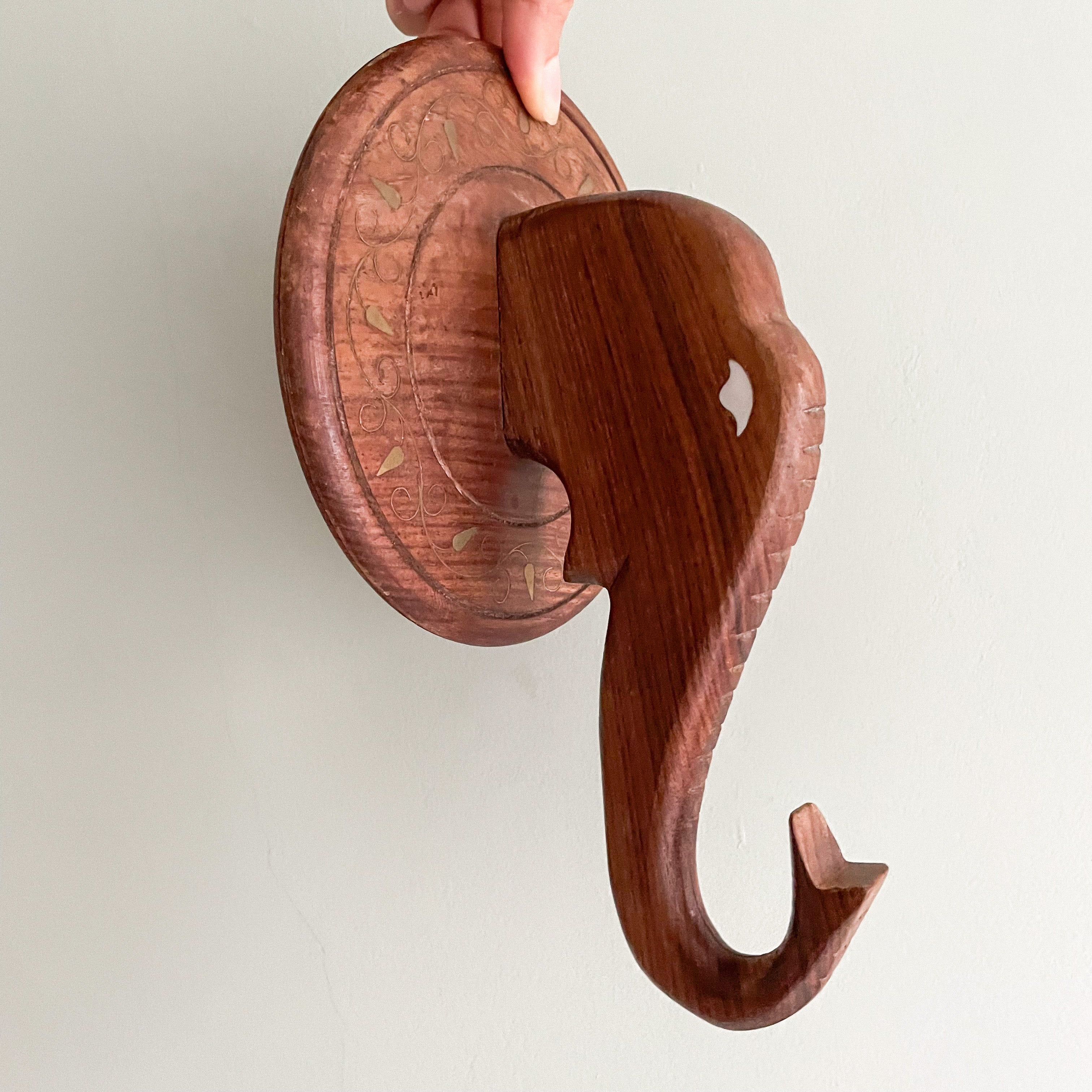 Vintage Indian wooden hand-carved elephant head hook with brass inlay – Indian wall art - Moppet